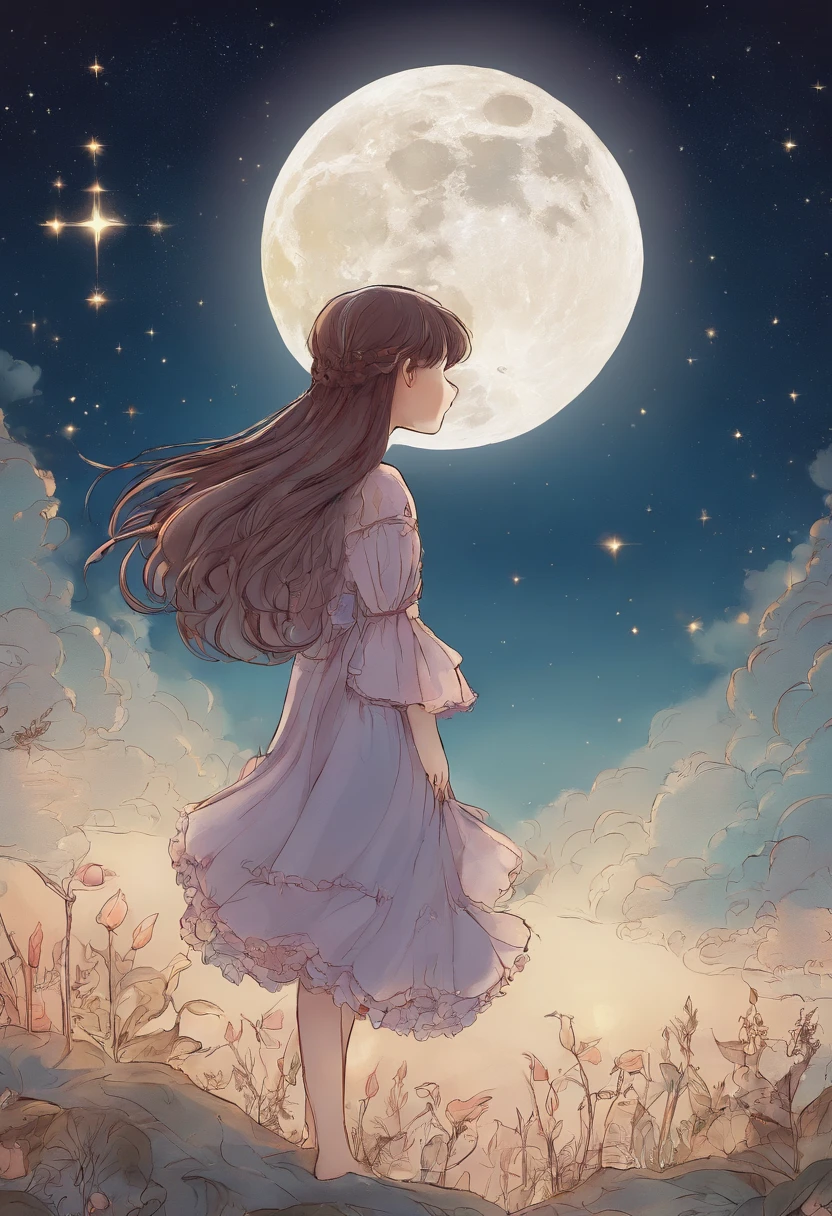 Full moon sky、nigh sky、Girl looking at the sky