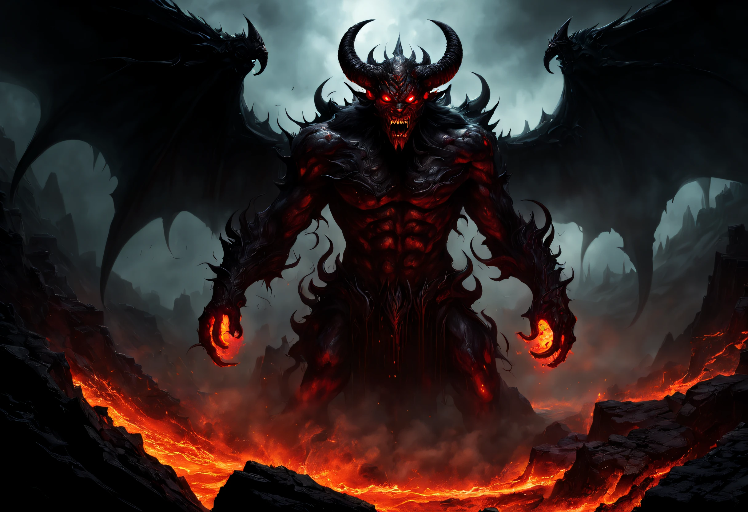 (a demon in the underworld),dark,ominous,demonic figure,fiery red eyes,sharp horns,menacing smirk,intimidating presence,blackened wings,smoke and flames,fear-inducing,evil aura,sinister silhouette,gloomy atmosphere,misty caverns,dripping stalactites,lava rivers,giant chains,crumbling ruins,ancient symbols,teeth bared,fierce battle scars,devilish power,boundary between worlds,eternal darkness,malevolent energy,ominous whispers,tortured souls,echoing screams,infernal realm,suffocating heat,shadowy depths,otherworldly creatures,nightmarish landscape,unholy power,fiery inferno,sinister devotion,unleashing chaos,everlasting torment,untamed rage,destroyed souls,vortex of souls+(best quality,4k,8k,highres,masterpiece:1.2),ultra-detailed,(realistic,photorealistic,photo-realistic:1.37),hellish lighting,vivid colors
