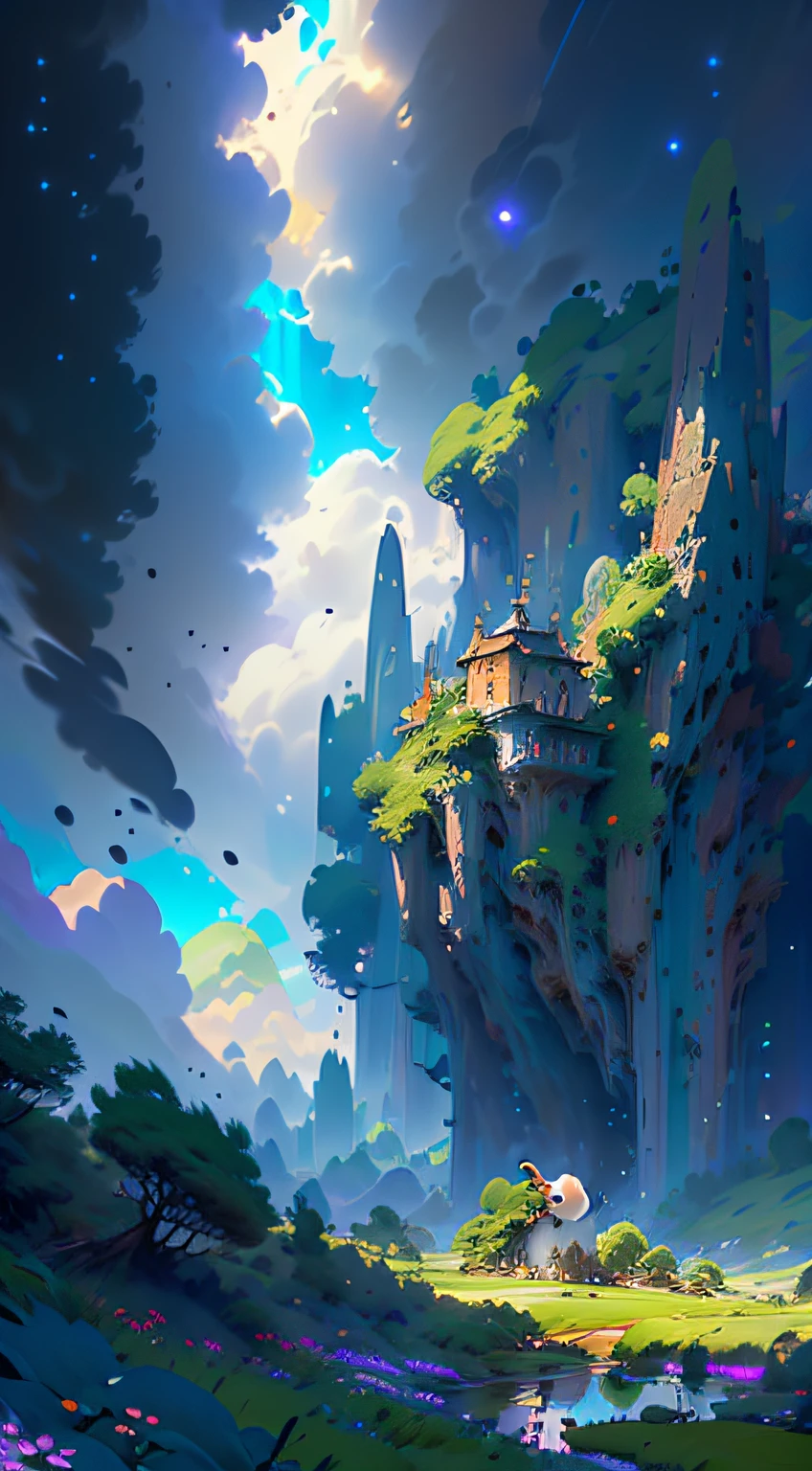 A giant mirror sphere floating in space, flickering lights, sad hamster lost (heaven like green fields surrounded by high mountains and clouds:1.3), particles in the air, god rays, stars in the background, intricate fractals, detailed, (illustration), masterpiece, high resolution, best quality.