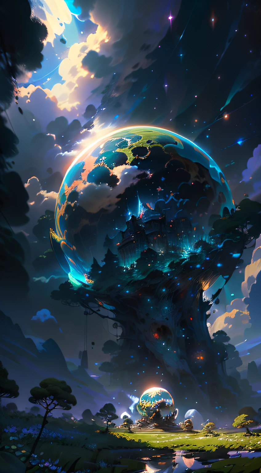 A giant mirror sphere floating in space, flickering lights, sad hamster lost (heaven like green fields surrounded by high mountains and clouds:1.3), particles in the air, god rays, stars in the background, intricate fractals, detailed, (illustration), masterpiece, high resolution, best quality.