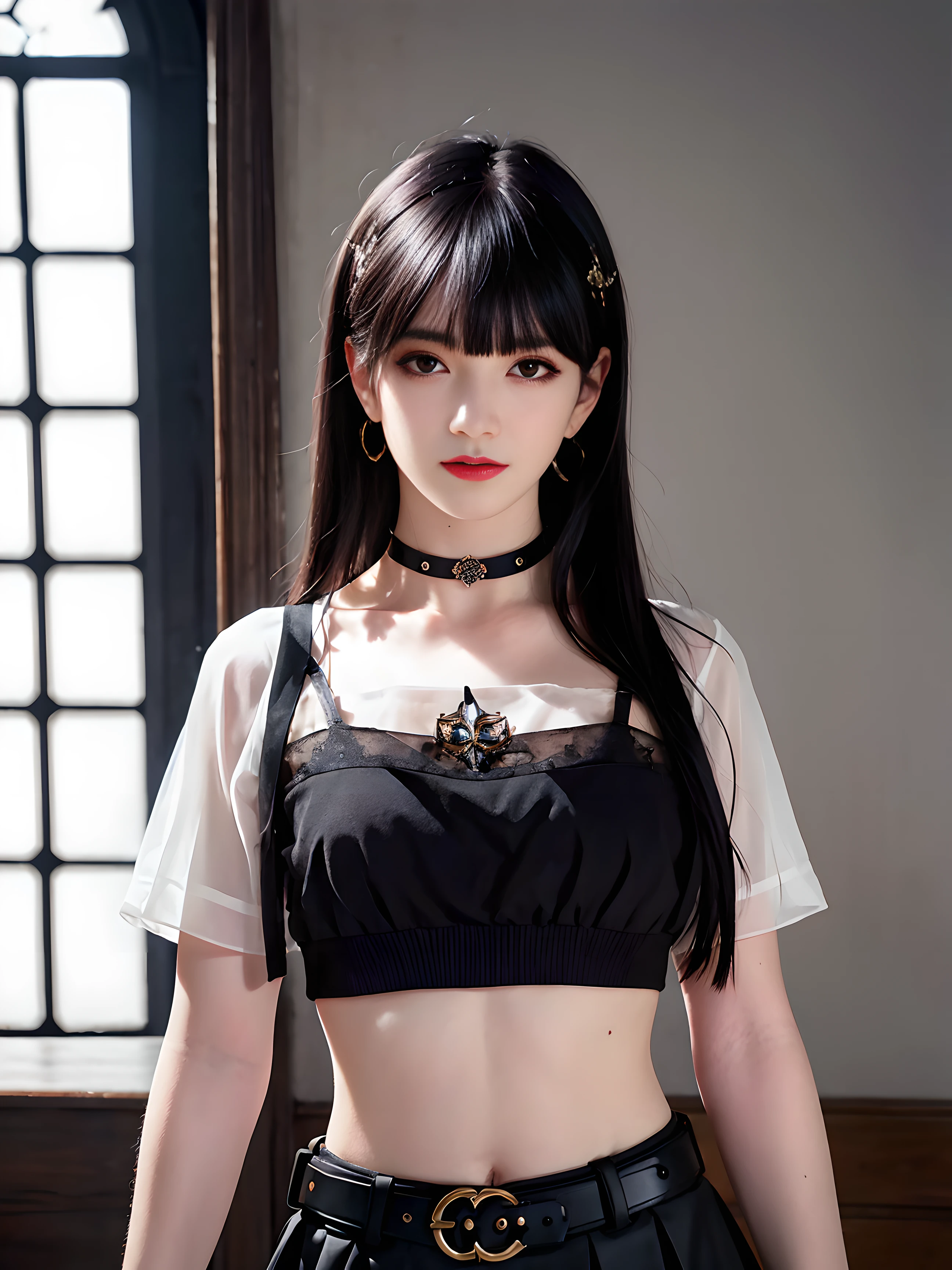 (masterpiece, best quality, 1girl, solo, intricate details, chromatic aberration), (realistic),(skin), ((breath)),(black hair,blunt bangs),detailed hair, red head ornament, blue highlights, hair over one eye,black eyes, small earrings, sharp eyes, choker,((black crop top )),(black skirt),(belt),open waist,(symmetry eyes),(perfect symmetrical body), night,(((natural light))),backlighting,against grey  wall, dim lighting ,look at viewer,((centered shot, from front,(face and waist)))