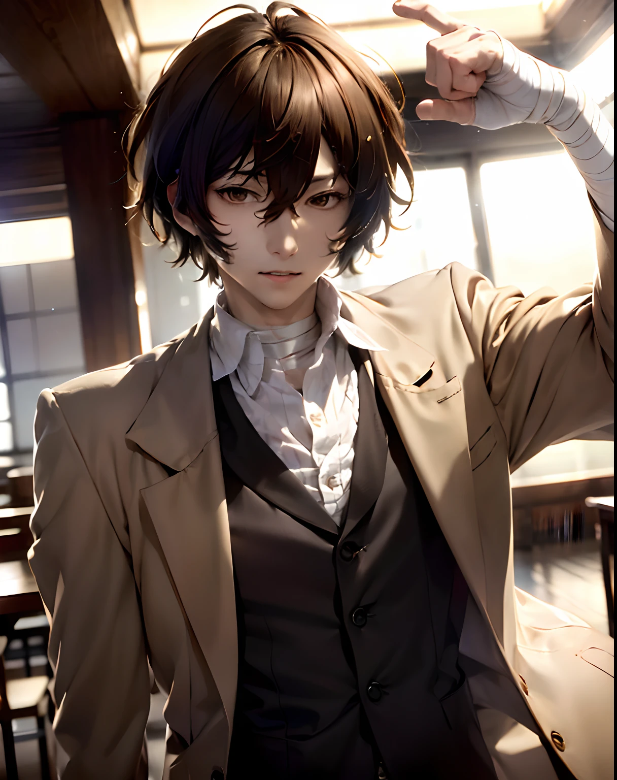 (masterpiece, best quality:1.2), upper body, solo, male focus, 1boy, dazai osamu, expressionless, brown jacket, bandages