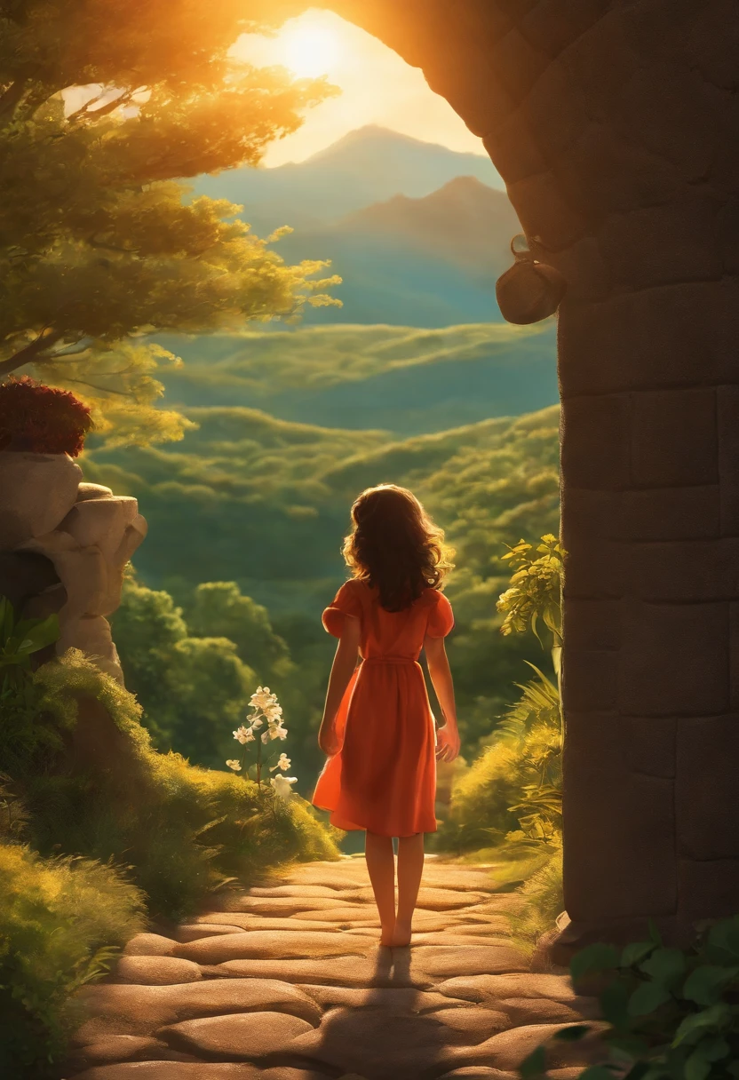 master part, best quality, cinematic Film still from, Grandes nuvens de fogo, Flutue do meio do quadro para os lados, Close-up, brilhante, alegria, warm and gentle lighting, Estilo Ghibli, Anime peito grande, picture book, Sunset, Don't be human, Tela paisagem