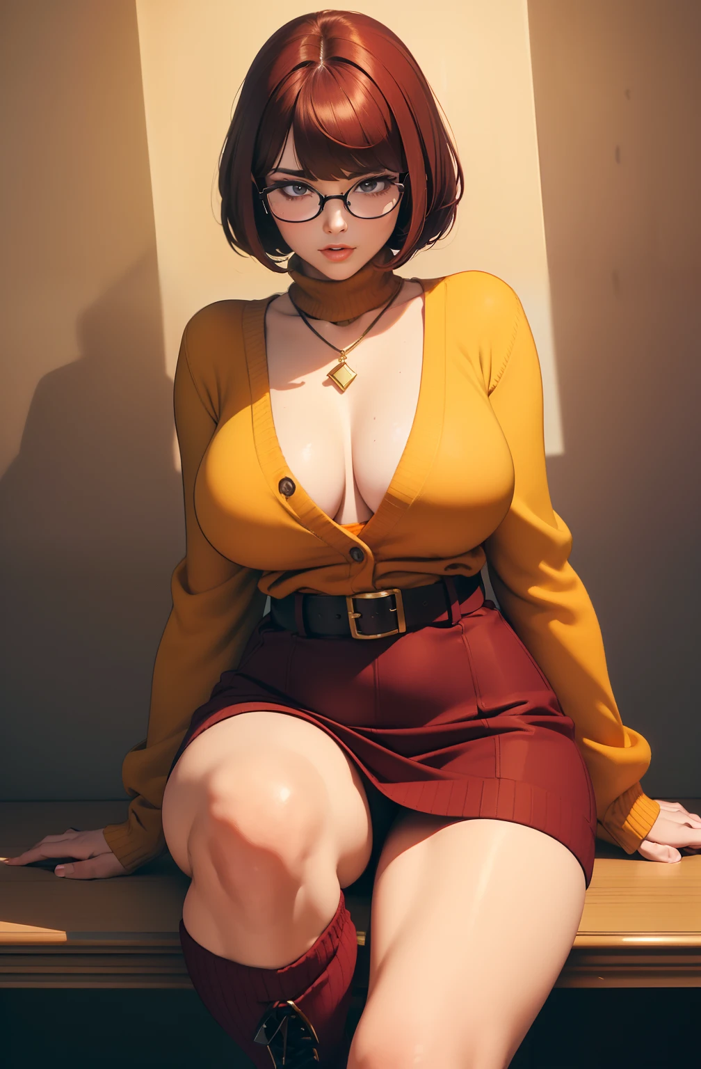 ((masterpiece, best quality, ultra-detailed, ultra-HD, photorealistic, cinematic)), (close-up camera shot:1.2), (sensual pose), (alluring and voluptuous female as Velma Dinkley), perfect anatomy, perfect face, large breasts, proportioned hands, (deep shade of auburn with a slight natural wave hair color, chin-length bob with blunt bangs hairstyle:1.3), (retro-chic style outfit, knee-length and maroon turtleneck dress), (a matching maroon belt that cinches at her waist:1.2), (thick-framed black square glasses), (wears knee-high, mustard-yellow socks that peek out just above her brown, sensible lace-up shoes), (sports a delicate, gold pendant necklace with a small magnifying glass charm), (vibrant orange cardigan slung over her shoulders), ((dynamic background))