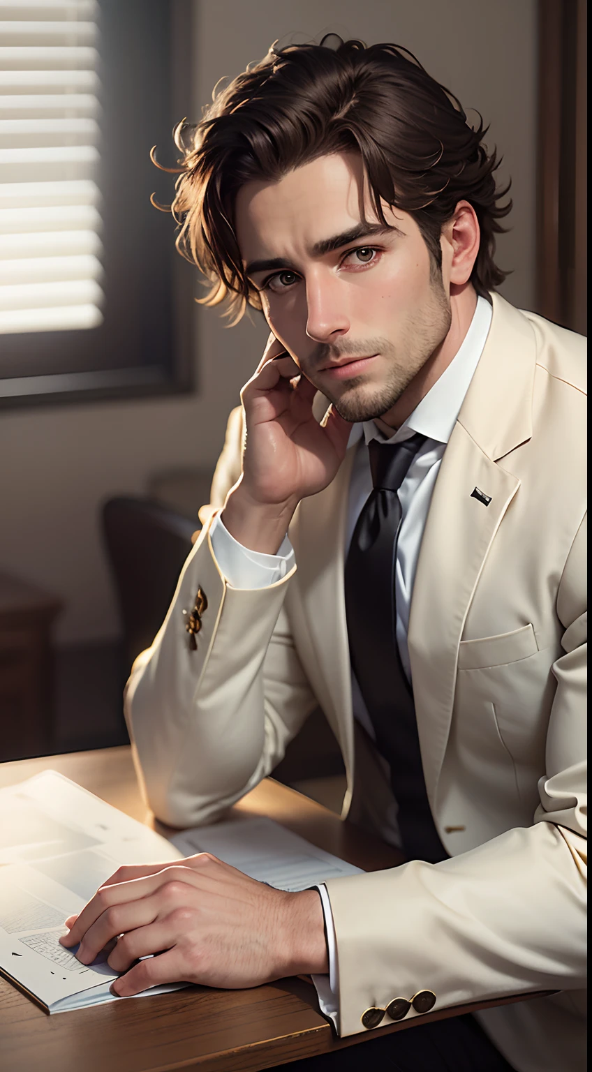 Portrait of a 30-year-old man wearing a white suit and tie sitting on a black leather chair. The desk, body and head are straight in the photo and facing the photo viewer. The desk and eyes are staring into the lens. Shoulders and head are visible in the photo. A man is centered in the photo. The background is blurred. Both Hands on table, open book on table, 8k, best quality, masterpiece, realistic, photorealistic, movie portrait, ultra realistic, single person, detailed, perfect lighting, DSRL, professional portrait, 4K. --auto --s2