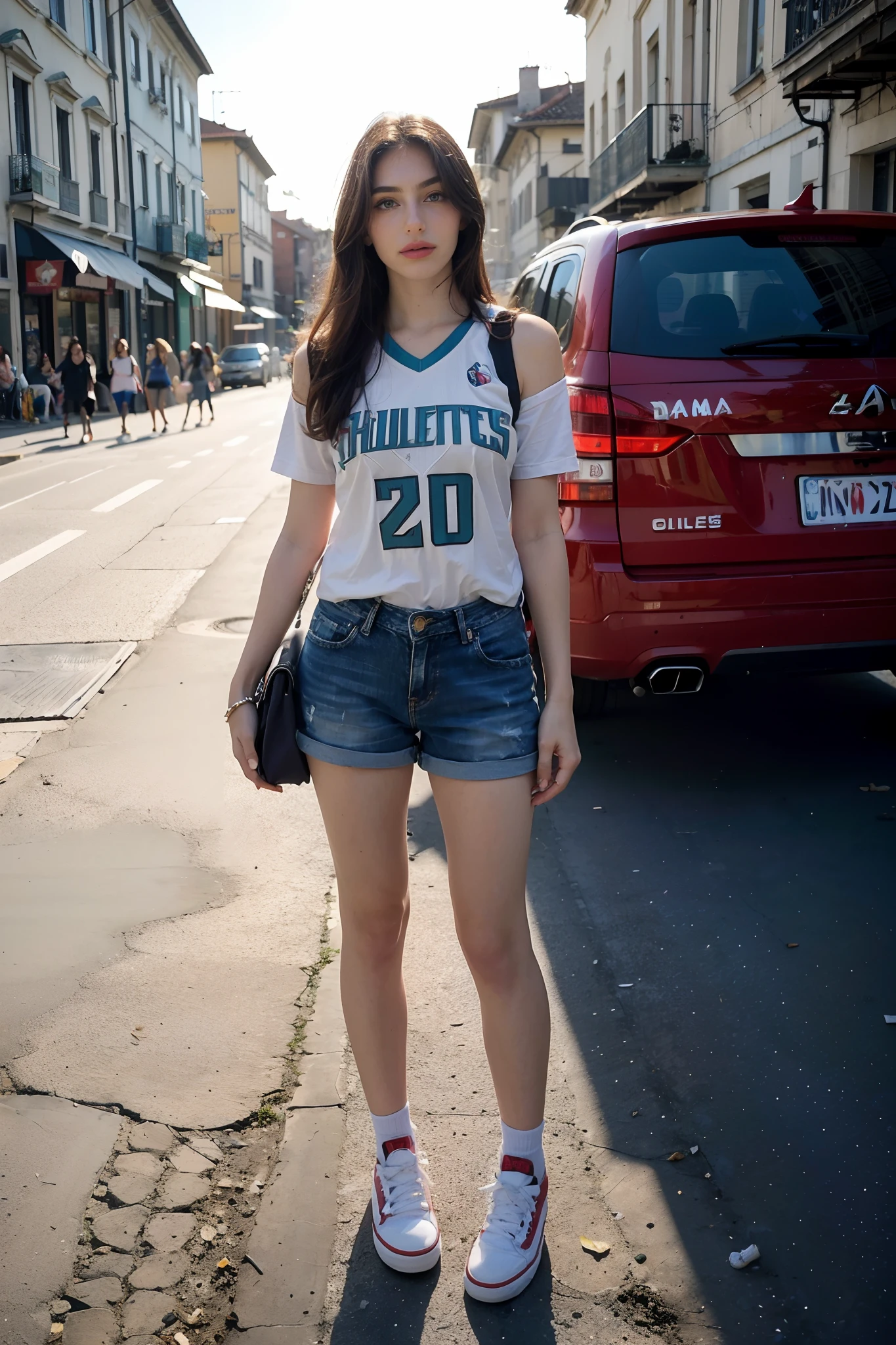 fullbody, standing stunning Gaia Nobile, 18 years old ((italian ginger_blonde girl hyper realistic)), skin imperfections, ((ginger, white eyelash, blue eyes)), long straight hair, large big chest, perfect anatomy, (((She wears a basketball Charlotte Hornets Home Kit Jersey, jeans shorts))) and (((red VANS shoes)), waliking in the middle of Brescia, via Cremona, piazzale Arnaldo, background. Perfect details, daylights. (cinematic lights), best on adobe stock, very accurate photo, natural skin, heavy shadows Kodak proma 400, f1.2, ISO200, dramatic ligghts
