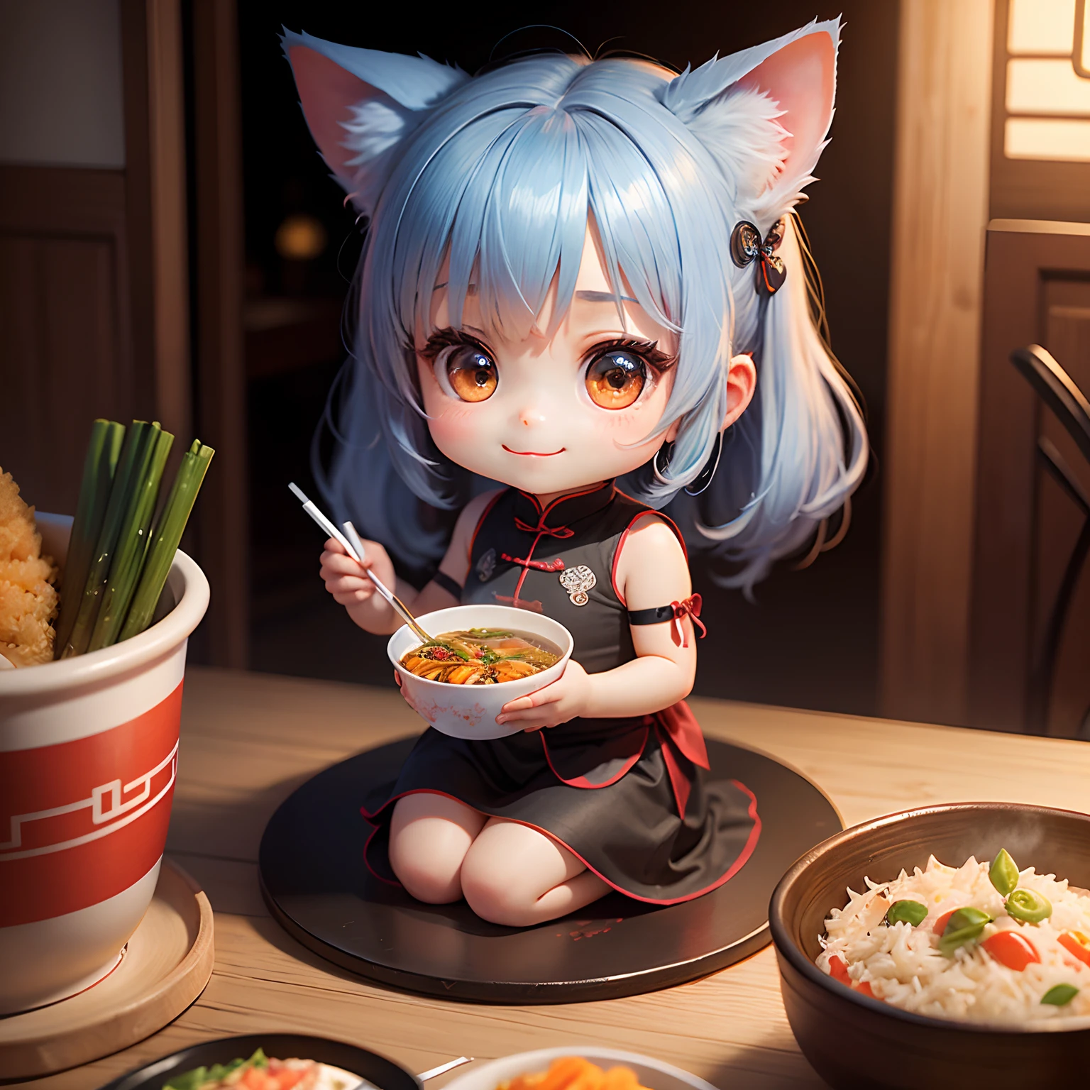 masterpiece、top-quality、ultra-detailliert、(Chibi Chara's Daughter:1.2)、Cat's ears、Large serving of fried rice、blue hairs、wraith、A smile、Inside the Chinese restaurant