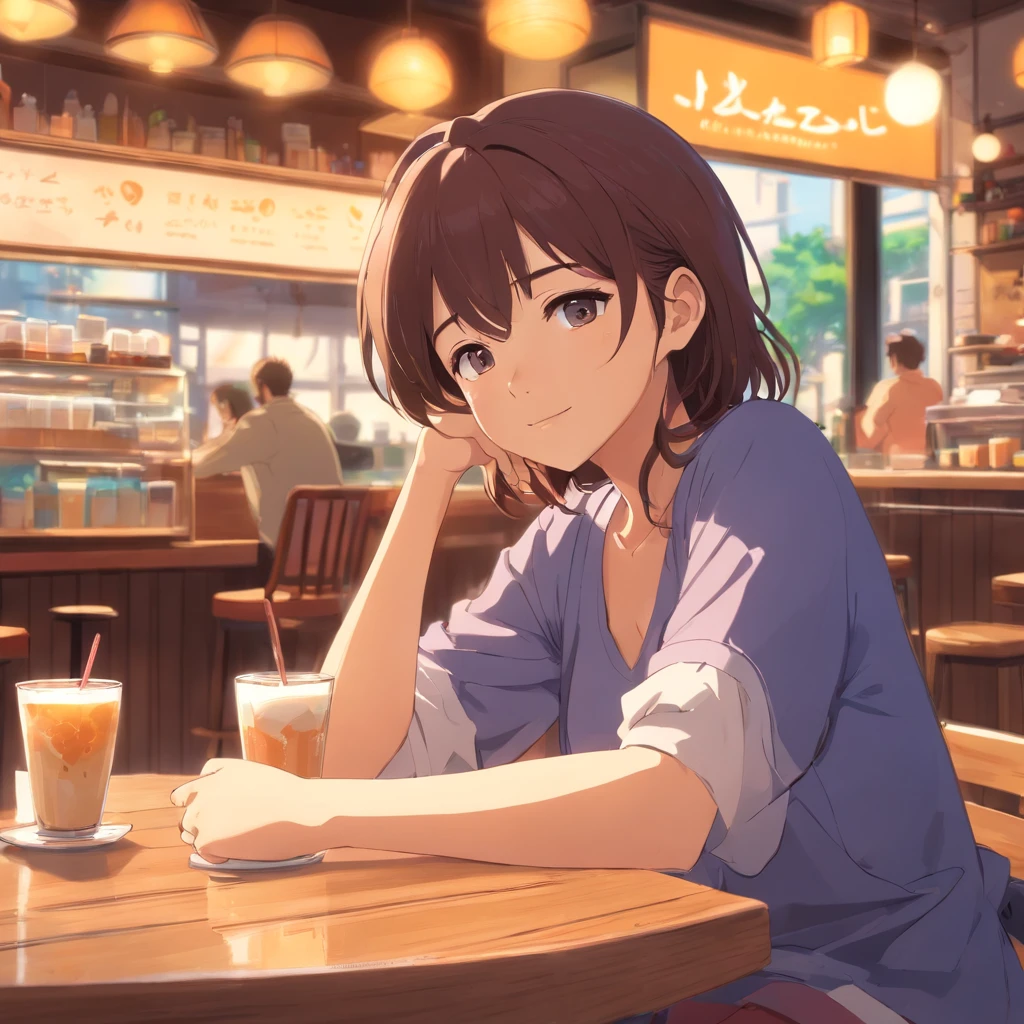 Beautiful woman relaxing in café, Cozy and cozy atmosphere, Daytime Cafe