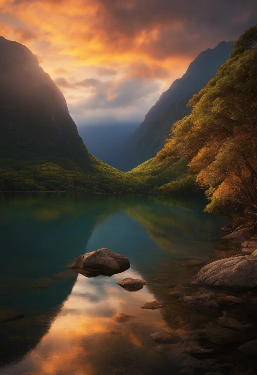 master part, best quality, cinematic Film still from, Grandes nuvens de fogo, Flutue do meio do quadro para os lados, Close-up, brilhante, alegria, warm and gentle lighting, Estilo Ghibli, Anime peito grande, picture book, Sunset, Don't be human, Tela paisagem