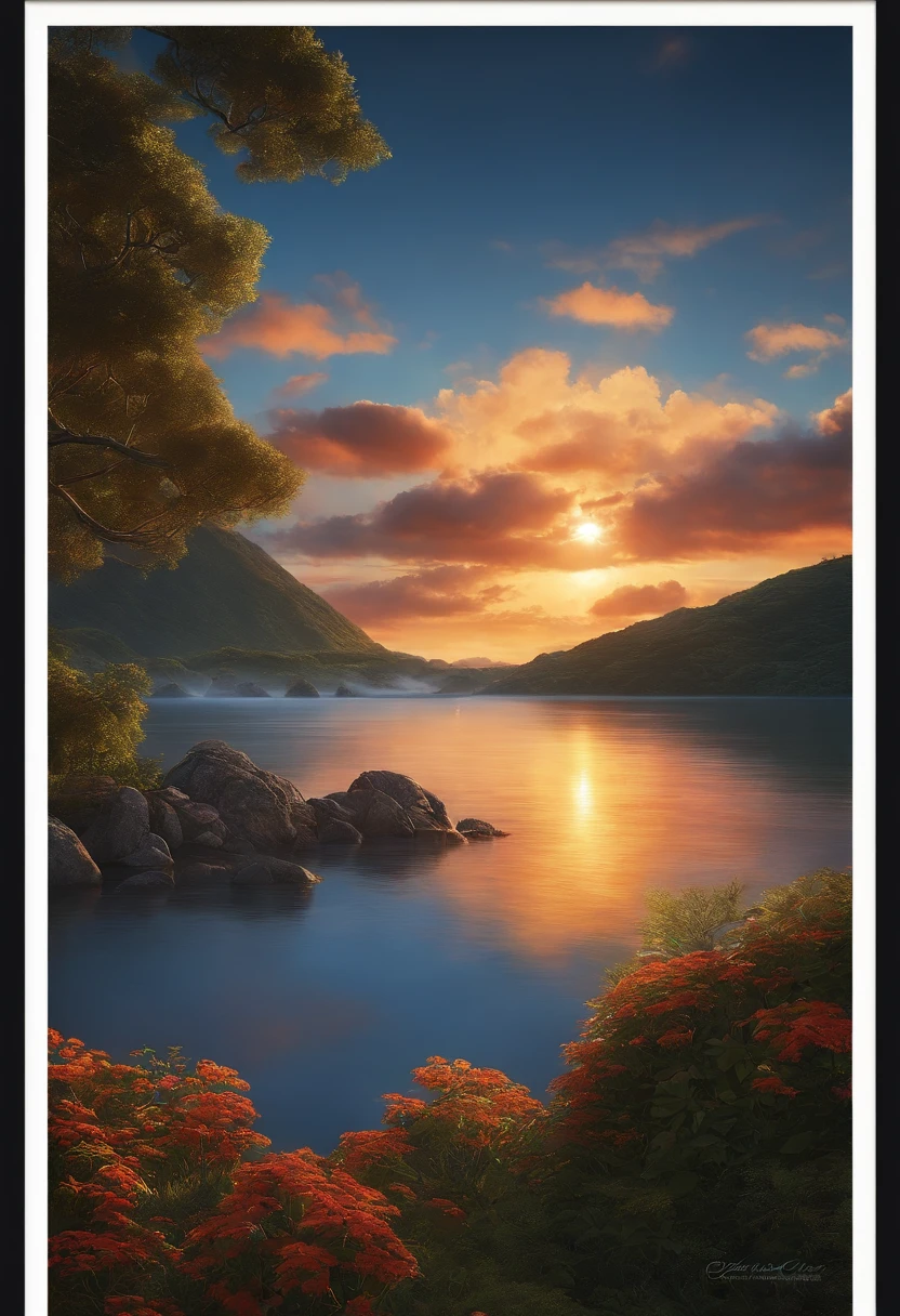 master part, best quality, cinematic Film still from, Grandes nuvens de fogo, Flutue do meio do quadro para os lados, Close-up, brilhante, alegria, warm and gentle lighting, Estilo Ghibli, Anime peito grande, picture book, Sunset, Don't be human, Tela paisagem