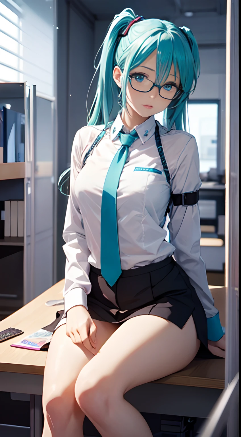Huza、eye glass、top-quality, Photorealistic, An ultra-fine illustrations, beautiful attractive anime girl, miku hatsune, Slender body, Tied hair, one girls, a photo of girl, Full body shot, Beautiful blue eyes, Turned, in a office、Sitting at your desk、Women's Suits、