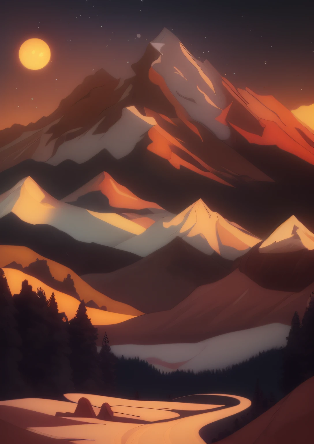 eventide，The foreground is a winding road，There are mountains of light in the sky, hq 4k phone wallpaper, beautiful iphone wallpaper, Landscape wallpaper, mountains background, mountain scene, phone wallpaper hd, hd phone wallpaper, wallpaper mobile, Mountain background, Wallpaper 4k, wallpaper 4 k, Wallpaper phone, 4 k hd illustrative wallpaper, mountain range in background