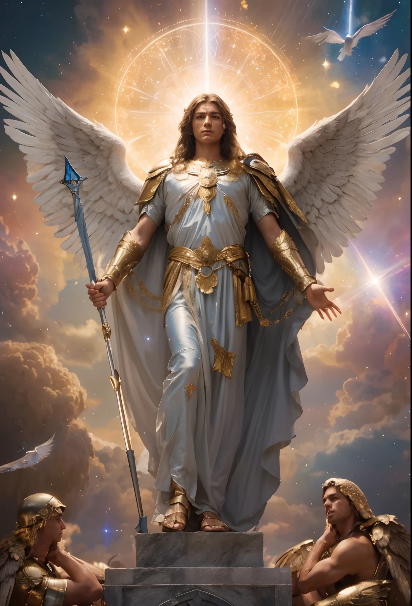 um personagem masculino, o arcanjo Miguel, imagem celestial, detalhes intricados, realista, asas ROSAS e grandes, fundo angelical, Catholic illustrative image of the archangel Michael, Male character of the Bible, Michael is wearing his angelic armor, cosmic background, Illumination in the Archangel and in the background, imagem do corpo todo do anjo, Maximum detail and his angelic face and wings, pele perfeita realista, Maximum image quality, Miguel ele esta destacado na imagem com cores fortes e chamativas.