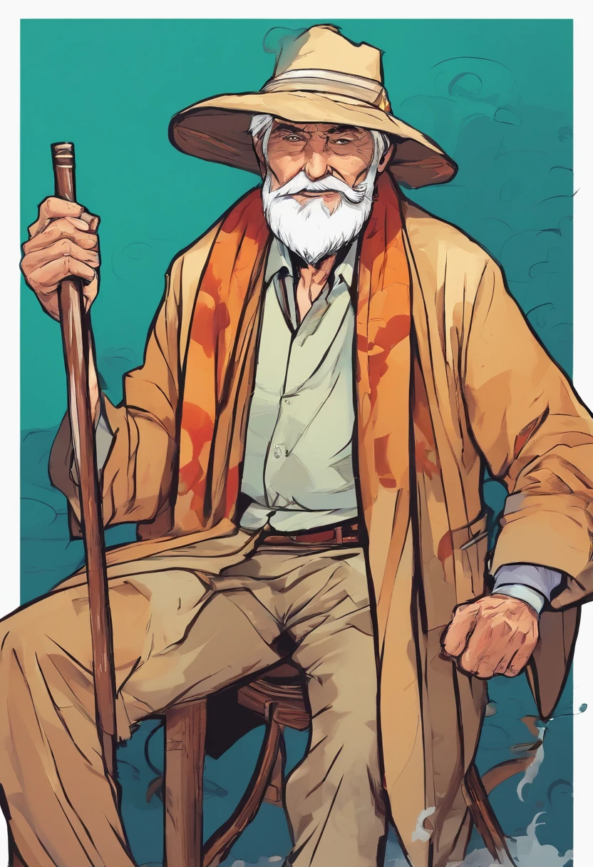 Old man，Handsome，holding an cane。