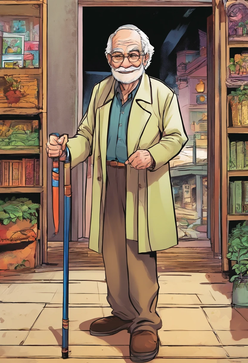 Old man,Handsome,holding an cane。