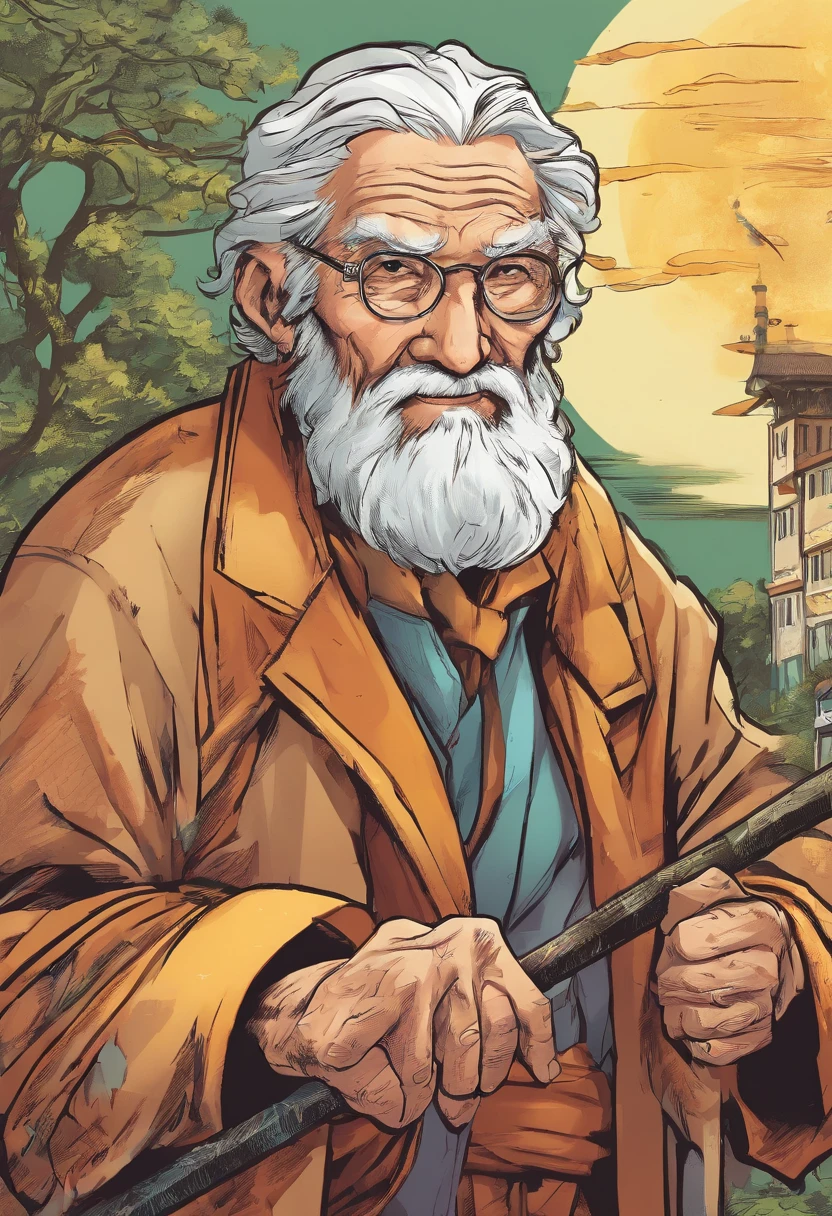 Old man,Handsome,holding an cane。