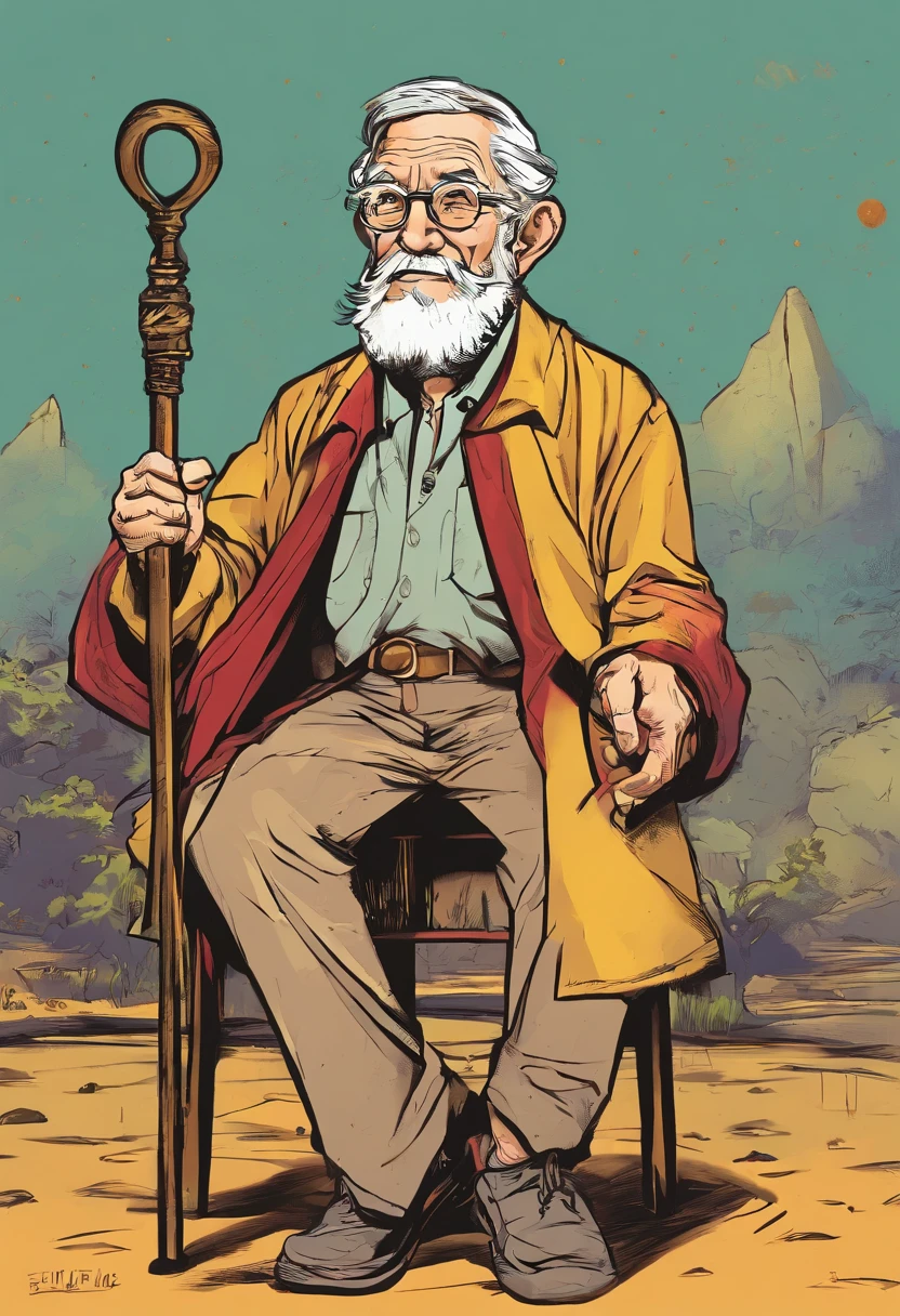 Old man,Handsome,holding an cane。