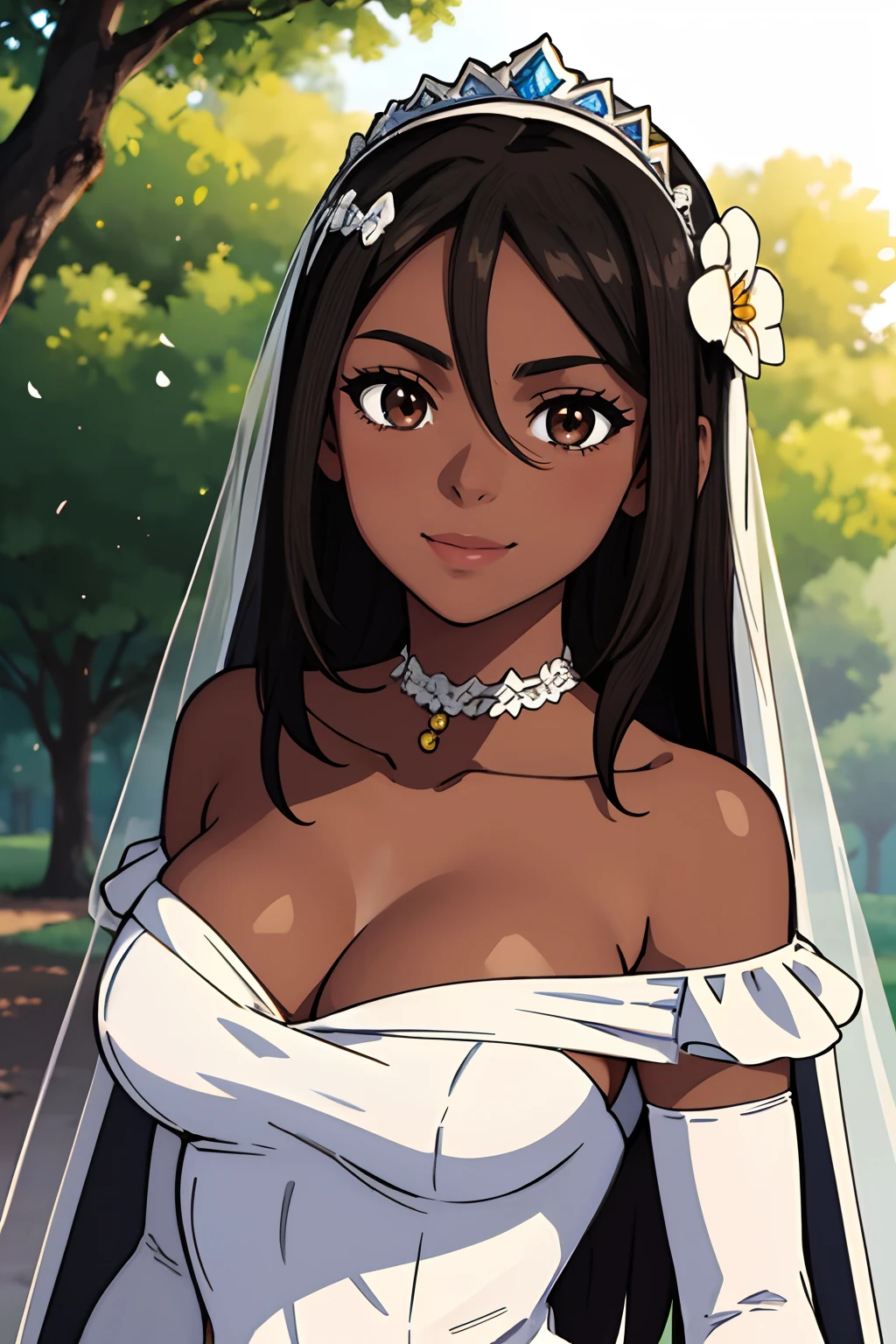 timerra, 1girl hair between eyes, dark skin, ahoge, brown eyes,black hair, star \(symbol\), hair ornament, dress, cleavage, bare shoulders, collarbone, long white elbow gloves, white gloves, white dress, white choker, strapless, tiara, veil, strapless dress, wedding dress, bridal veil, beautiful woman, perfect body, perfect breasts, wearing a wedding dress, ball gown, in the park trees, wedding decorations, a in love smile, realism, masterpiece, textured skin, super detail, high detail, high quality, best quality, 1080p, 16k