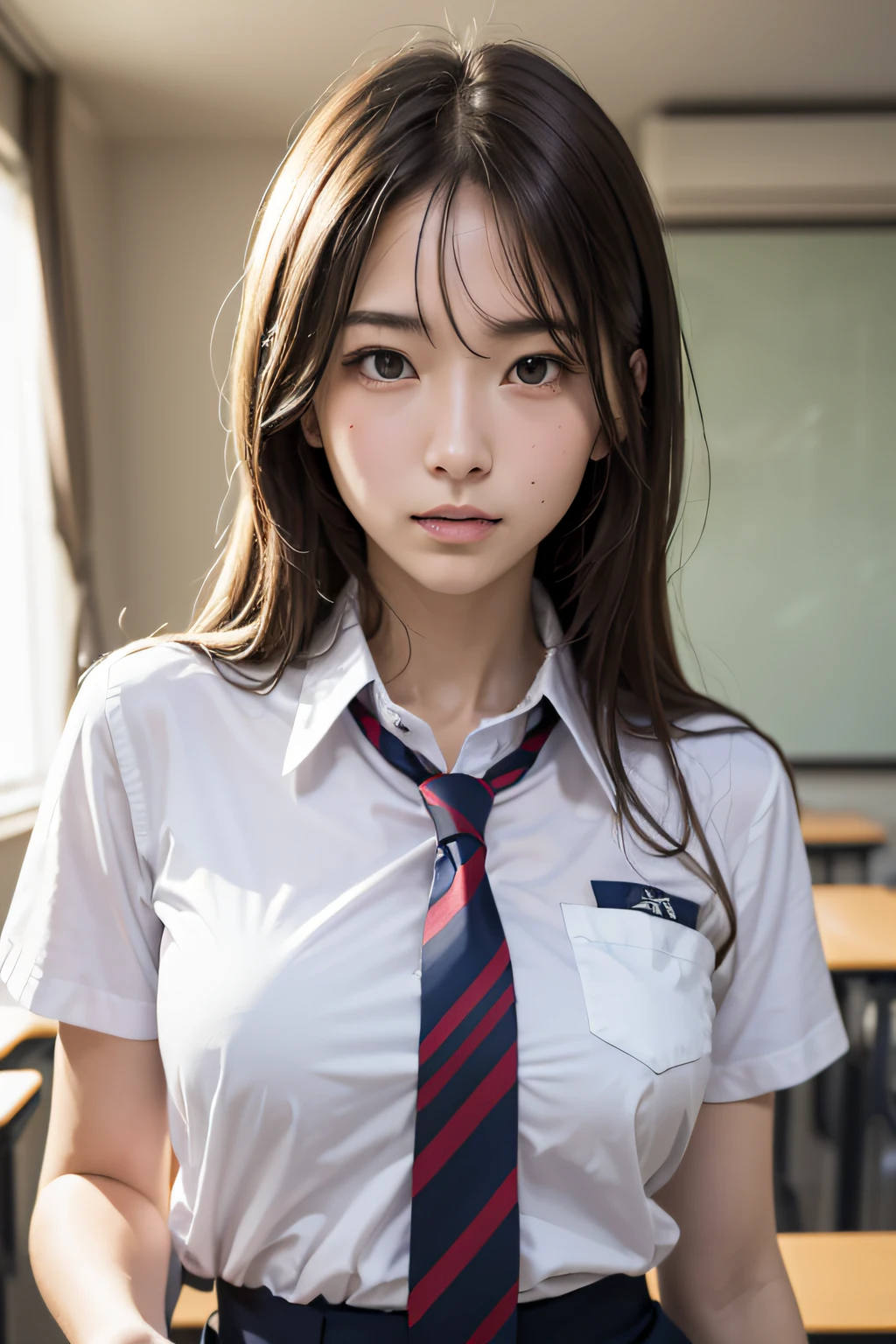 (masutepiece, Best Quality:1.2), 8K, 18year old, 85 mm, Official art, Raw photo, absurderes, White dress shirts, Pretty Face, close up, Upper body, violaceaess, gardeniass, Beautiful Girl, School uniform, (Navy pleated skirt:1.1), Cinch West, thighs thighs thighs thighs, Short sleeve, ‎Classroom, Gravure Pose, Looking at Viewer, No makeup,ssmile, Film grain, chromatic abberation, Sharp Focus, face lights, clear lighting, Teen, Detailed face, Bokeh background, (dark red necktie:1.1)、medium breasts⁩、Skinny face