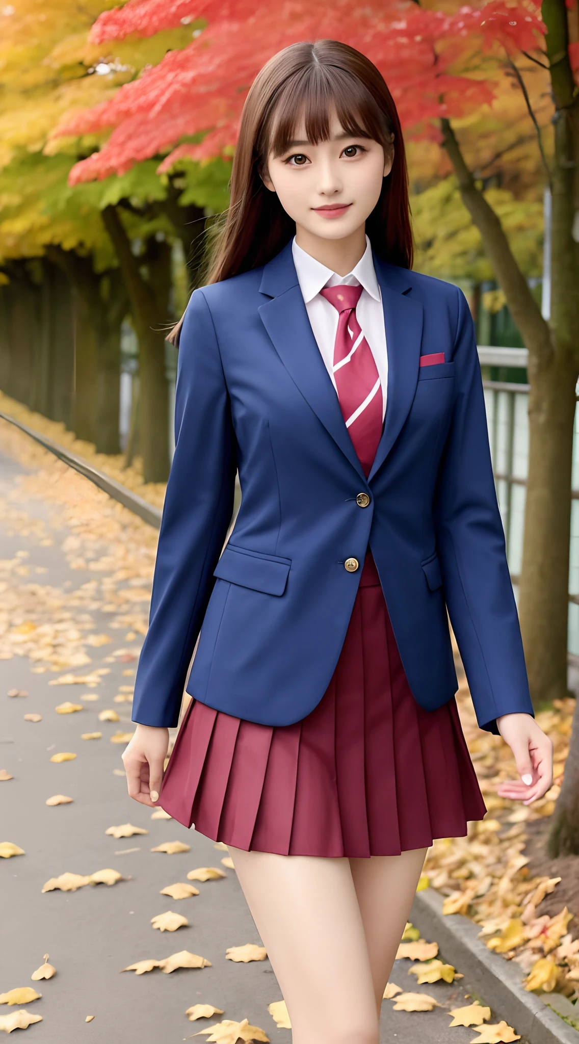 top-quality、8K，Woman in skirt suit and jacket posing for photo, Seifuku, Girl in suit, sakimichan, short skirt and a long jacket, Girl in a suit, wearing jacket and skirt, well - dressed, ( Side ) 、elegant look, School Girl, coat pleats, catalogue photo, Japan school uniform, girl wearing school uniform、Autumn leaves in Japan