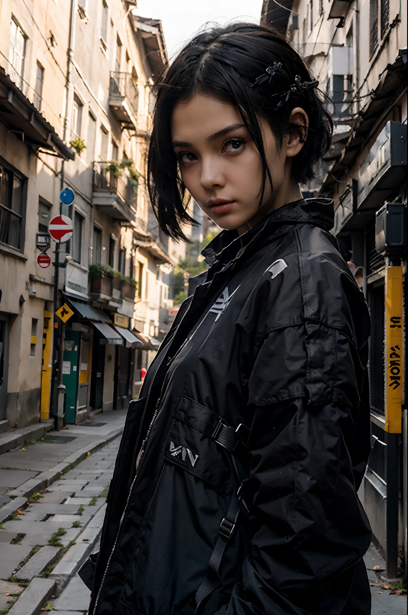 (masterpiece), best quality,1girl, short black hair, wearing Techwear , realistic shadow, blurry background, eye focus, hair ornament, finger on lip, looking over shoulder, perfect finger.