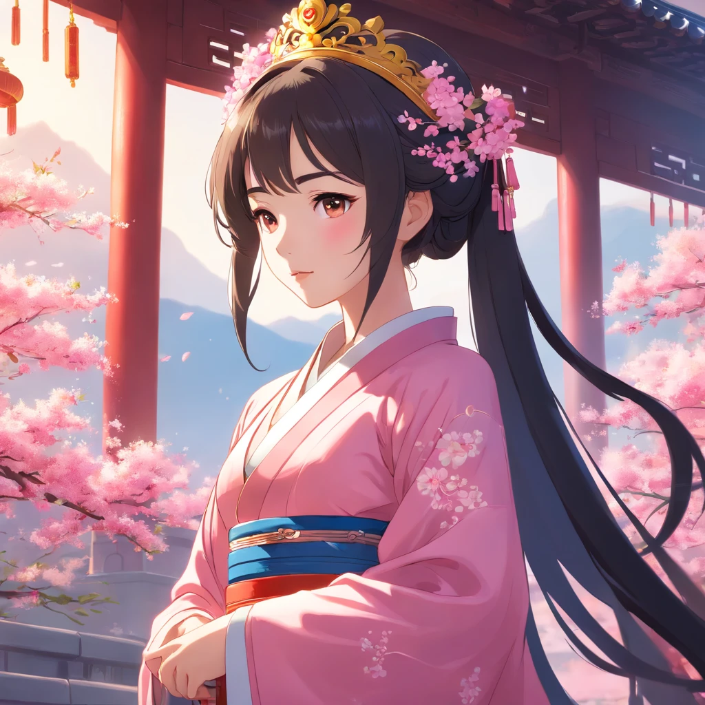 Arafe woman in pink dress with a crown of flowers on her head, Color photography inspired by Lan Yin, trending on cg society, Realism, Hanfu, palatial palace , a girl in hanfu, ancient chinese princess, a beautiful fantasy empress, Ancient Chinese Art Style, ancient asian dynasty princess, chinese empress, white hanfu, chinese princess,Looking down,