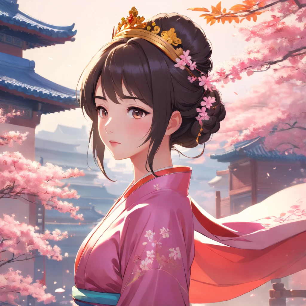 Arafe woman in pink dress with a crown of flowers on her head, Color photography inspired by Lan Yin, trending on cg society, Realism, Hanfu, palatial palace ， a girl in hanfu, ancient chinese princess, a beautiful fantasy empress, Ancient Chinese Art Style, ancient asian dynasty princess, chinese empress, white hanfu, chinese princess,Looking down,