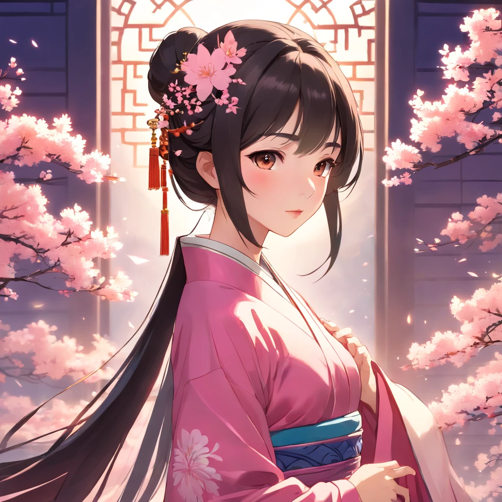 Arafe woman in pink dress with a crown of flowers on her head, Color photography inspired by Lan Yin, trending on cg society, Realism, Hanfu, palatial palace ， a girl in hanfu, ancient chinese princess, a beautiful fantasy empress, Ancient Chinese Art Style, ancient asian dynasty princess, chinese empress, white hanfu, chinese princess,Looking down,