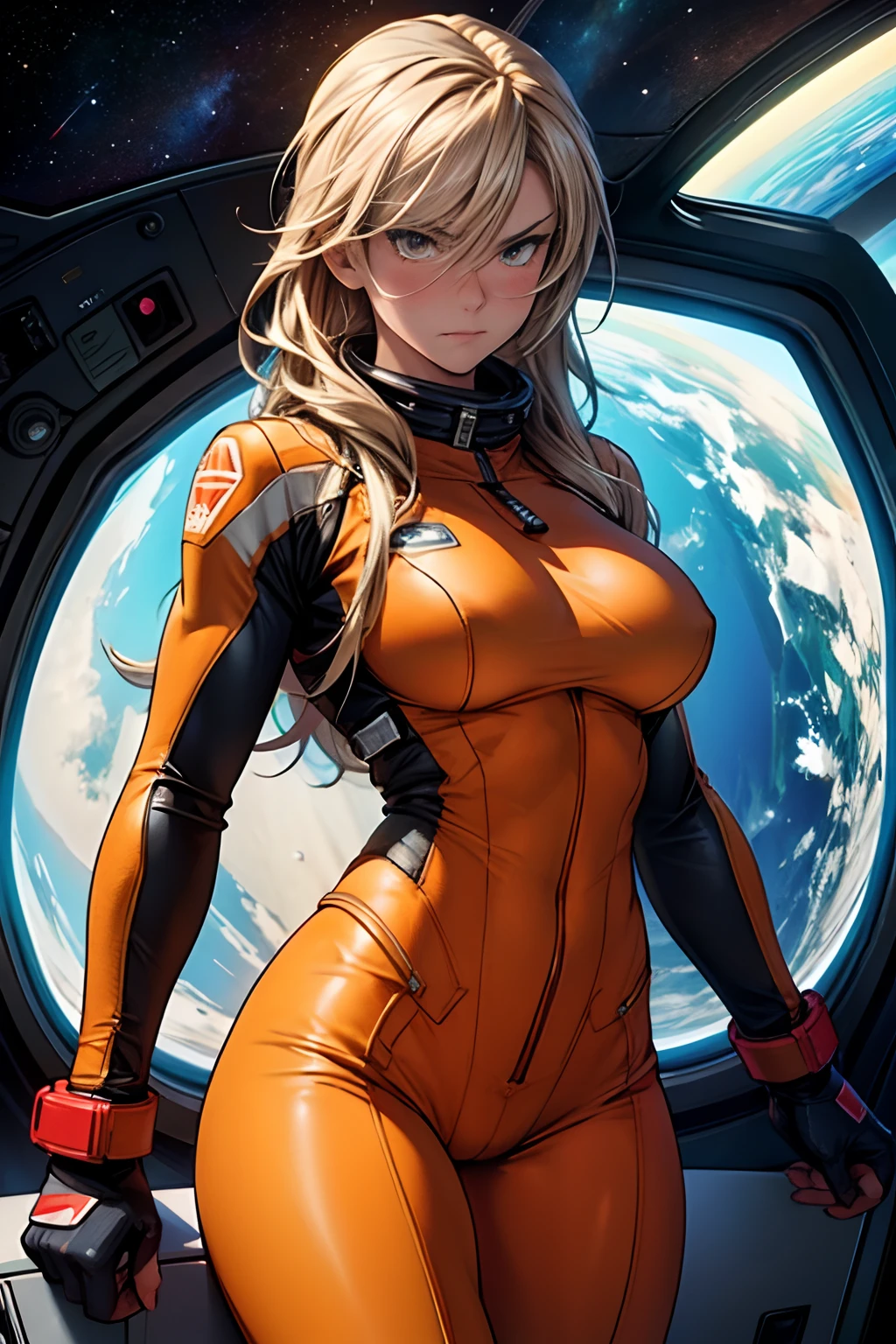 sandy hair muscular large breasts slender thighs slender waist pilot suit solo looking at viewer in space long hair blushing angry