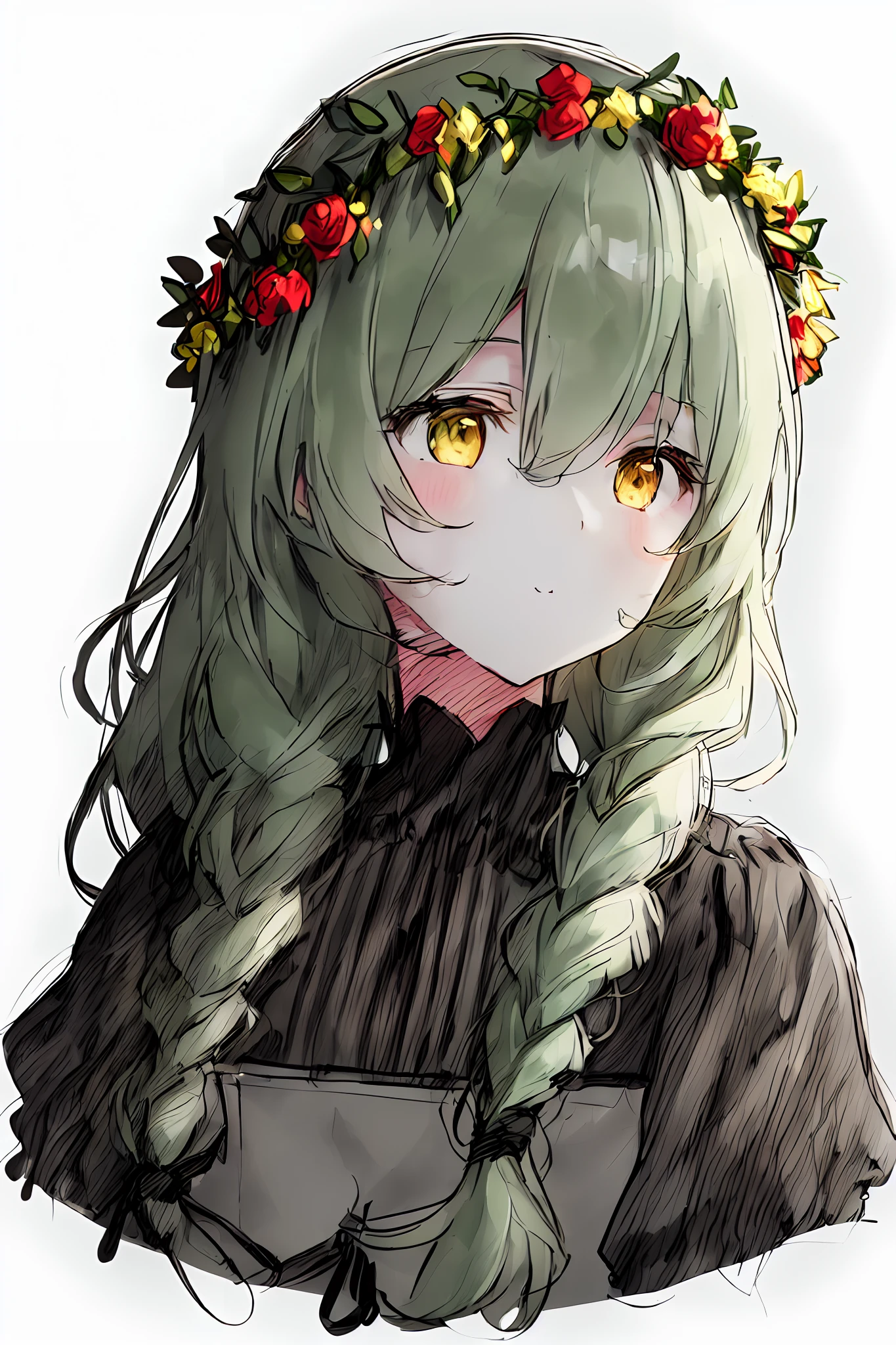 (sketch drawing:1.3), (pencil drawing), close up, 1girl, (cute), rosy cheeks, (light yellow eyes), (dark green hair:1.3), (courly hair:1.3), ((only one braid)), (small braid), long bang, (yellow flowers wreath), (white blouse), (red embroidery blouse), (((black background))), (((shadowing picture)))