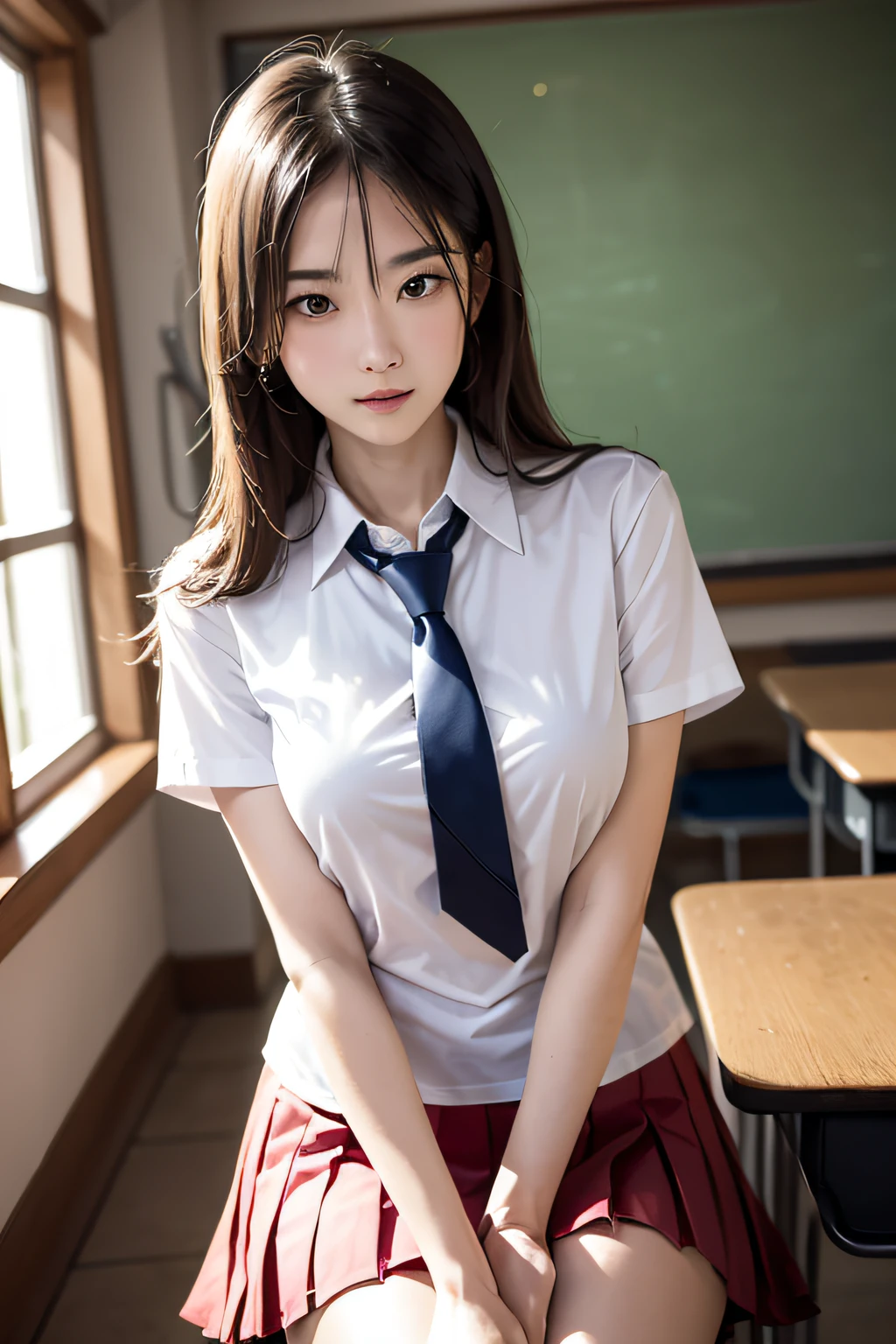 (masutepiece, Best Quality:1.2), 8K, 18year old, 85 mm, Official art, Raw photo, absurderes, White dress shirts, Pretty Face, close up, Upper body, violaceaess, gardeniass, Beautiful Girl, School uniform, (Navy pleated skirt:1.1), Cinch West, thighs thighs thighs thighs, Short sleeve, ‎Classroom, Gravure Pose, Looking at Viewer, No makeup,ssmile, Film grain, chromatic abberation, Sharp Focus, face lights, clear lighting, Teen, Detailed face, Bokeh background, (dark red necktie:1.1)、medium breasts⁩、Skinny face