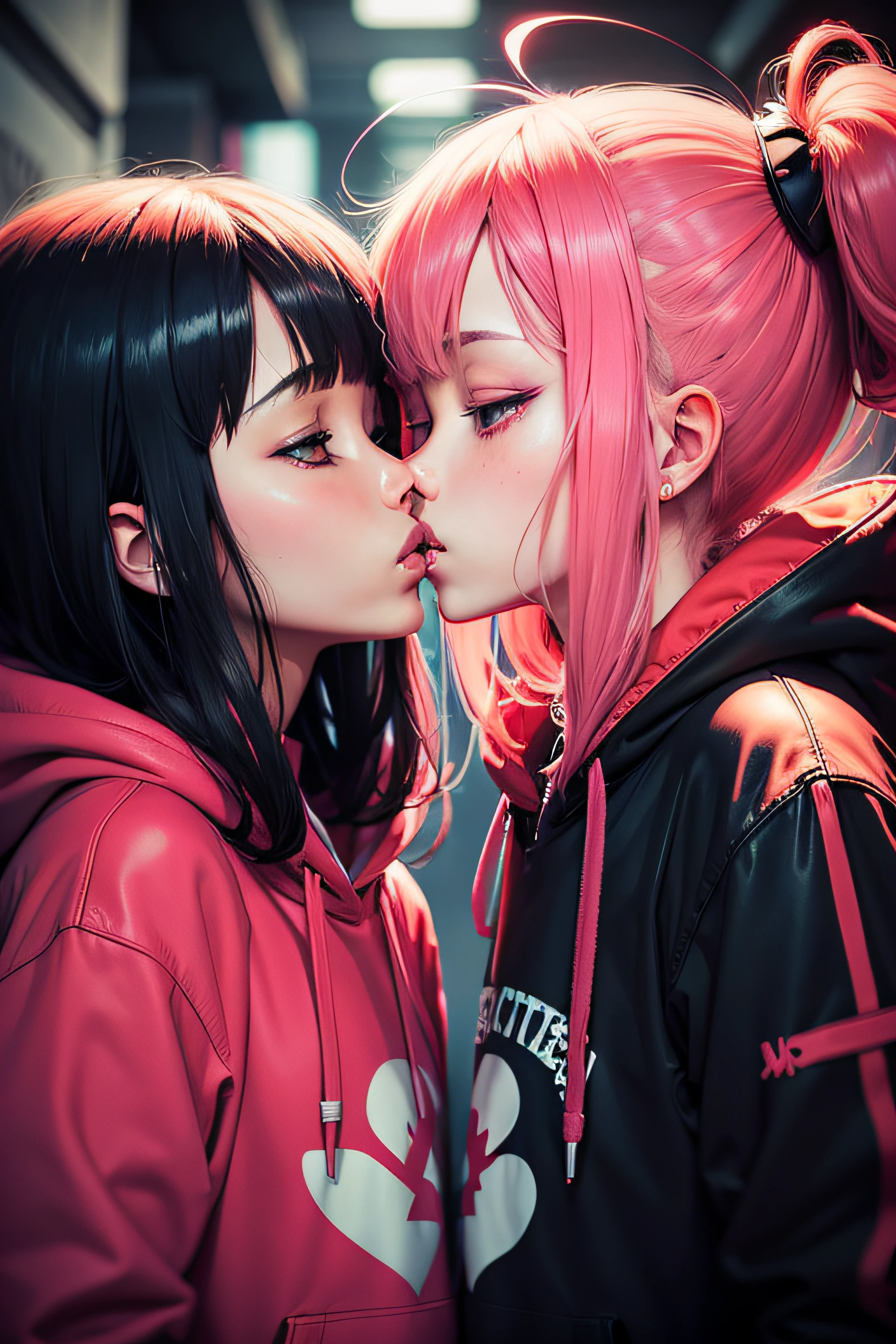 anime phonk brain sick love album cover with a couple kissing with hoodies with neon red colors