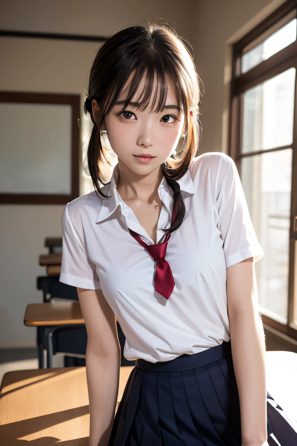 (masutepiece, Best Quality:1.2), 8K, 18year old, 85 mm, Official art, Raw photo, absurderes, White dress shirts, Pretty Face, close up, Upper body, violaceaess, gardeniass, Beautiful Girl, School uniform, (Navy pleated skirt:1.1), Cinch West, thighs thighs thighs thighs, Short sleeve, ‎Classroom, Gravure Pose, Looking at Viewer, No makeup,ssmile, Film grain, chromatic abberation, Sharp Focus, face lights, clear lighting, Teen, Detailed face, Bokeh background, (dark red necktie:1.1)、medium breasts⁩、Skinny face