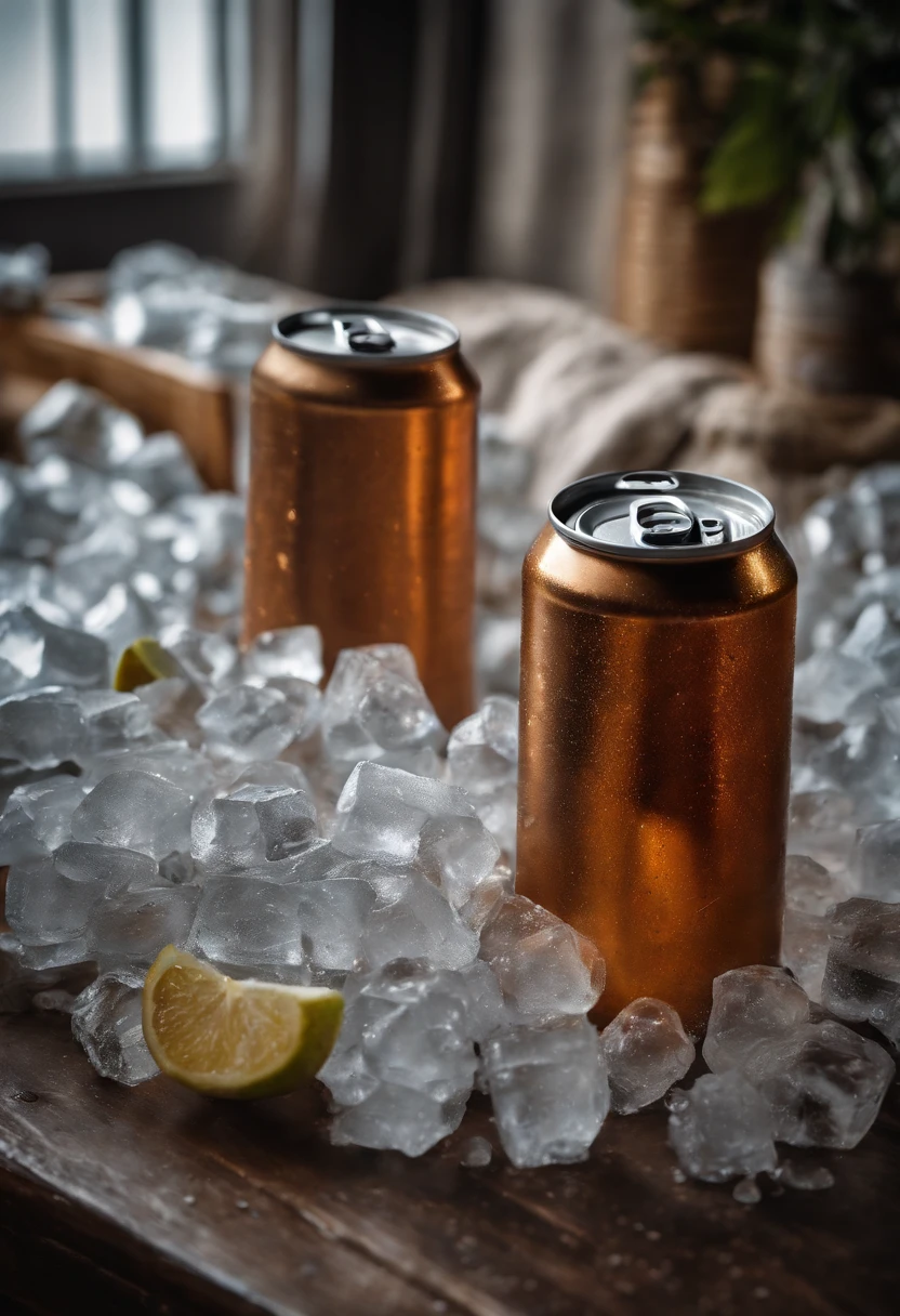 Close-up of a can of soda on a pile of ice, Realistic paintings inspired by Xiao Yuncong, shutter inventory, conceptual art, made of drink, Sparkling water, Refreshing, cold drink, jia, drink, best on adobe stock, realistic water, cinematic flavor, energy drink, Product photography 4 K, hot summer sun, lei jin, lei min