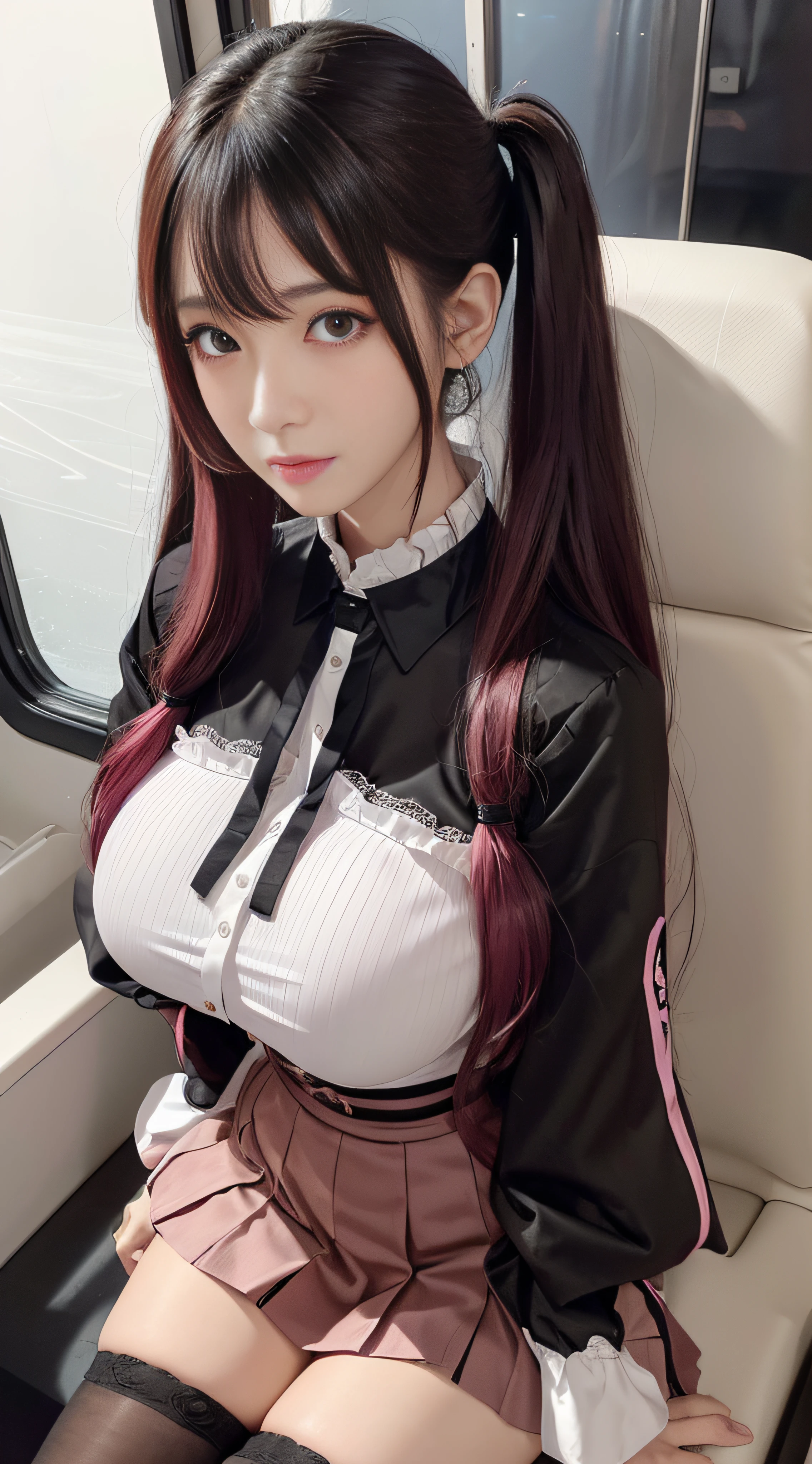 Korean，Sitting on the train，（（（tmasterpiece）））， （（best qualtiy））， （（intricate detailes））， （（Ultra-realistic realism））， Ridiculous resolution， A MILF， Mature Woman， ighly detailed， illustratio， 1girll，（（Large breasts））， perfect hand， Detailed finger， Beautiful detailed eyes， Lowered twin tails， colored inner hair， very long black hair, very bright pink hair， with brown eye， Name badge， （ Korean style long sleeve dark pink ruffled lace up pleated skirt， Black knee-high socks:2.2），detailedbackground， perfect  eyes， mesmerizing eyes，Slightly open mouth, ((Colossal breasts 1 girl that seems to break:1.2))