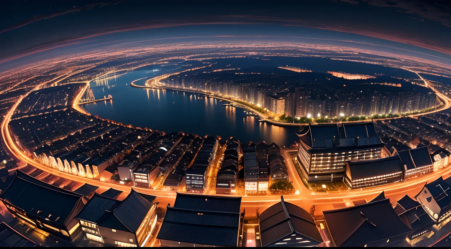 nighttime panoramic view of a picturesque Japanese city, traditional Japanese buildings,