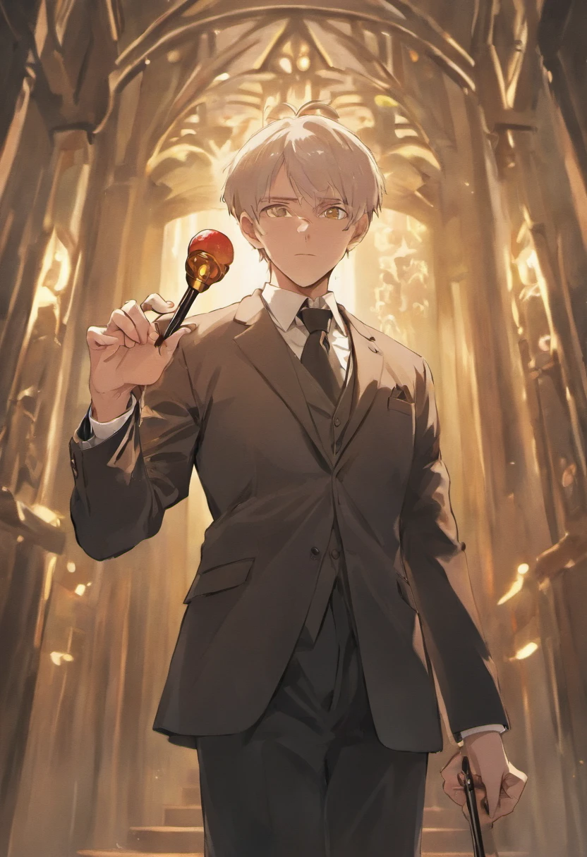old man,Handsome,Business suit,holding an cane。