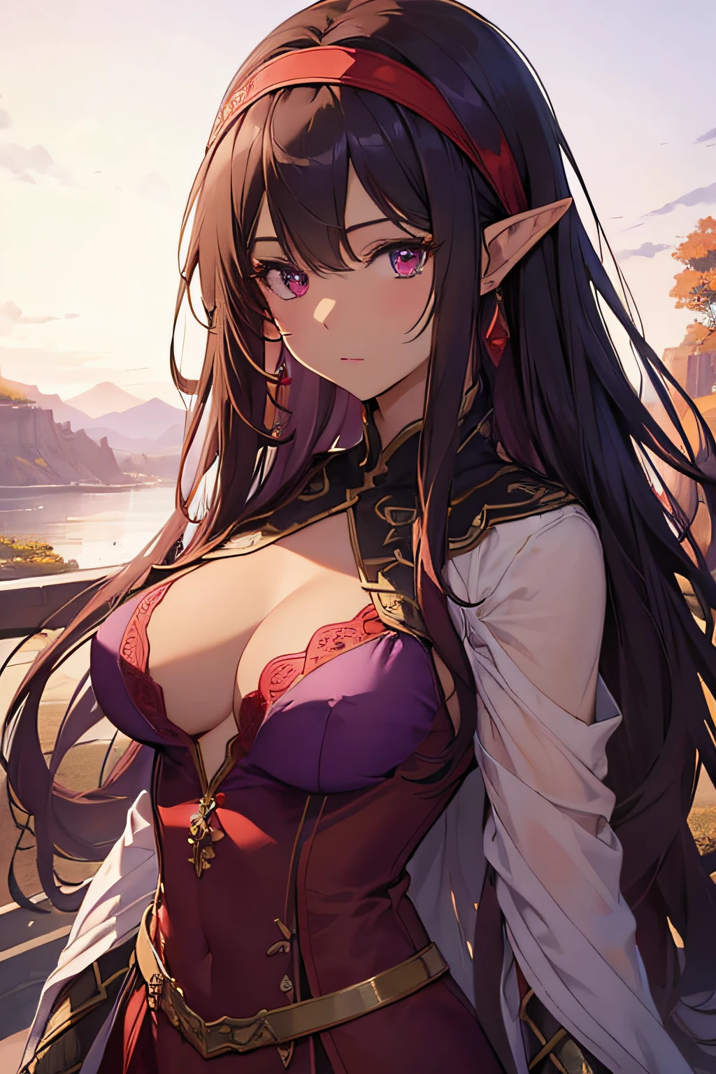 top-quality、extremely delicate and beautiful、Soio、Soio、Elven Woman、A dark-haired、Early 20s、((Brown skin))、red eyes、red hairband、Nice Buddy、Beautiful breasts、(((Purple clothes)))、The chest is visible、Valley、is standing