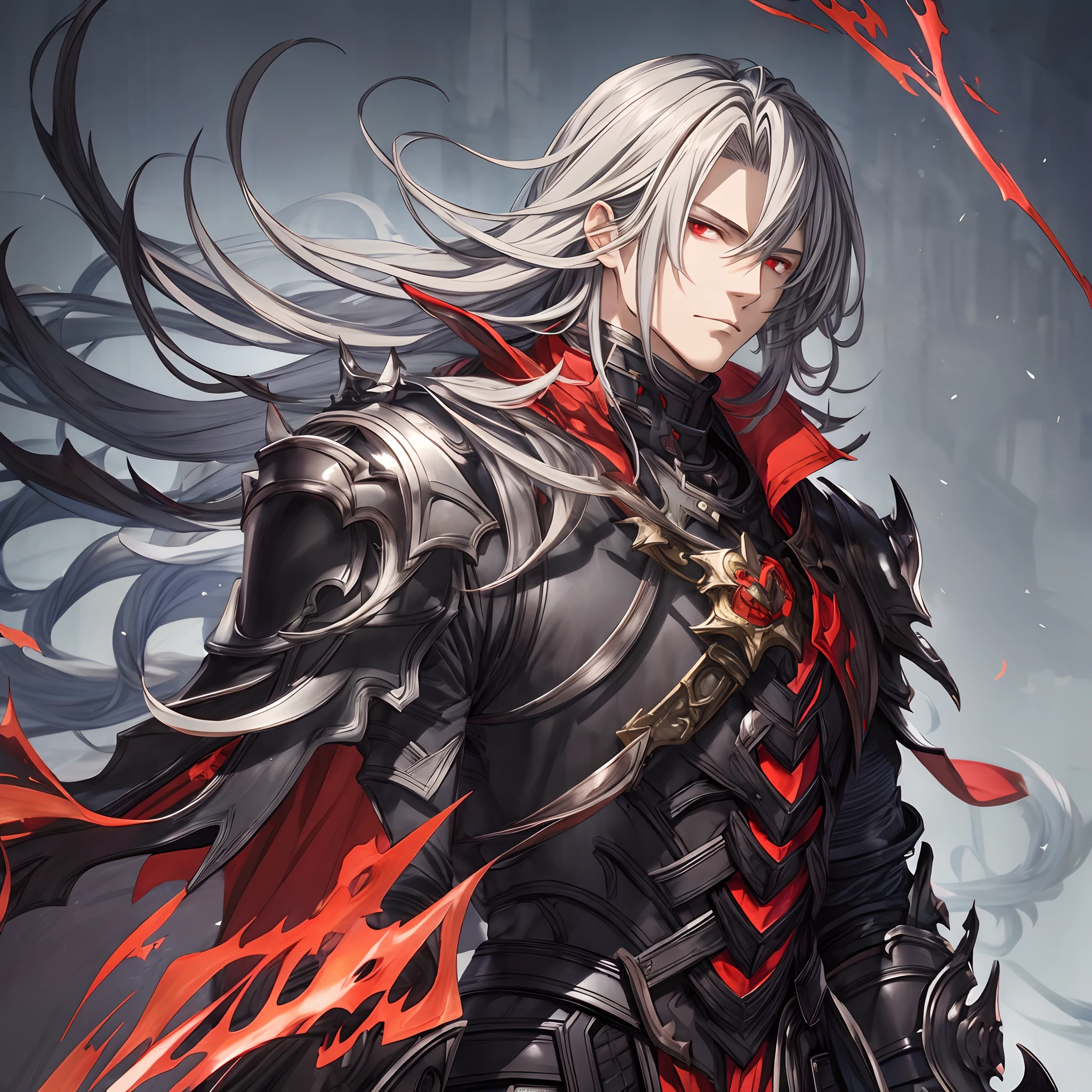 masterpiece, best quality, 1man, adult, male focus, solo, long hair, gray hair, vibrant red eyes, looking at viewer, cape, High quality metal texture, overcoat, closed mouth, upper body, bangs, high collar,(kbxll:0.6), Fantasy aesthetics, Highly detailed, shadowverse style, black armor