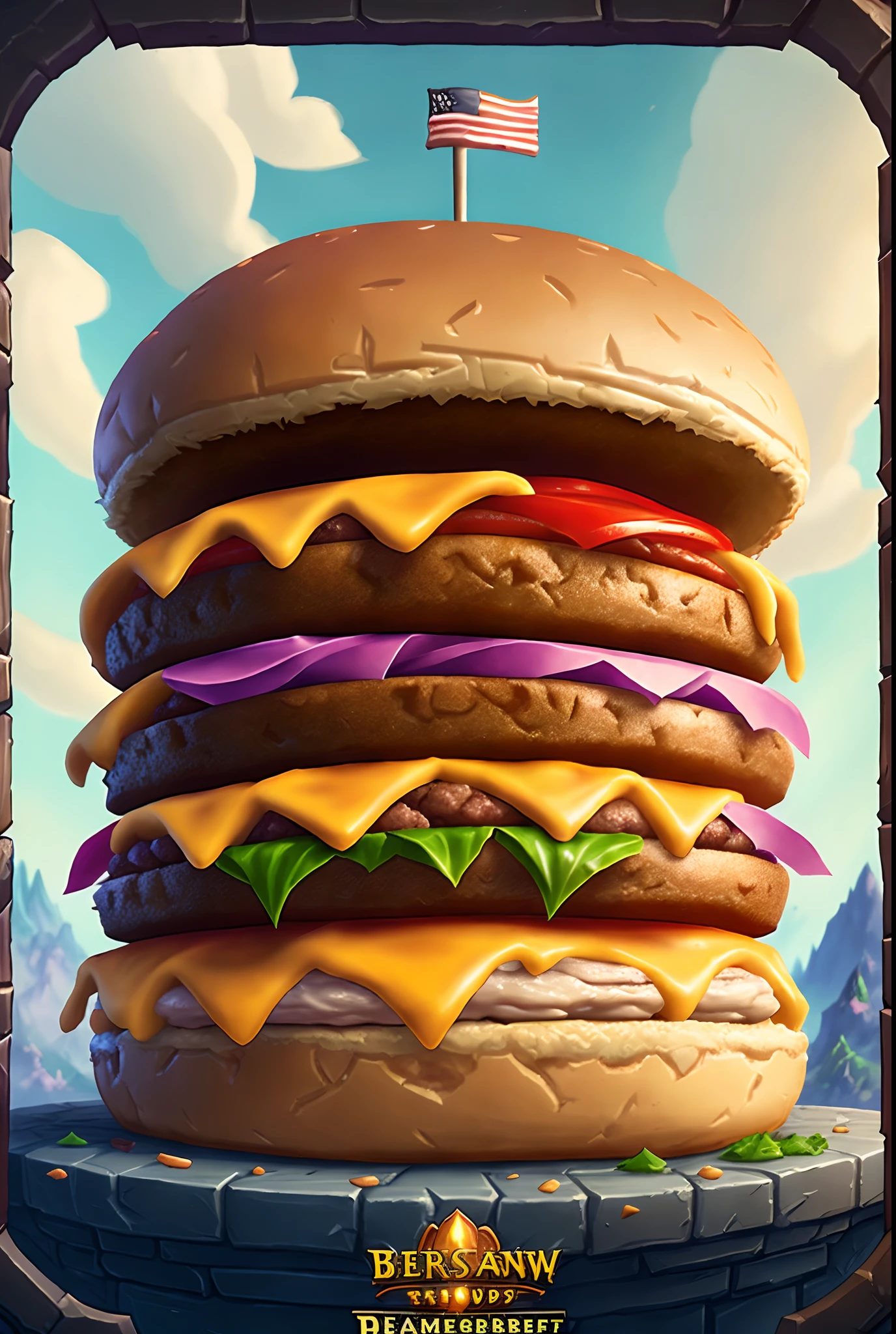 Close-up of giant hamburger on castle base, deathburger, Burger monster, Hearthstone card game artwork. ”, fantasy food, full art, hearthstone card artwork, Fantasy Hearthstone art style, shadowverse style, Hearthstone card art, dan munford. concept-art, high detailed official artwork, concept art magical highlight, epic fantasty card game art