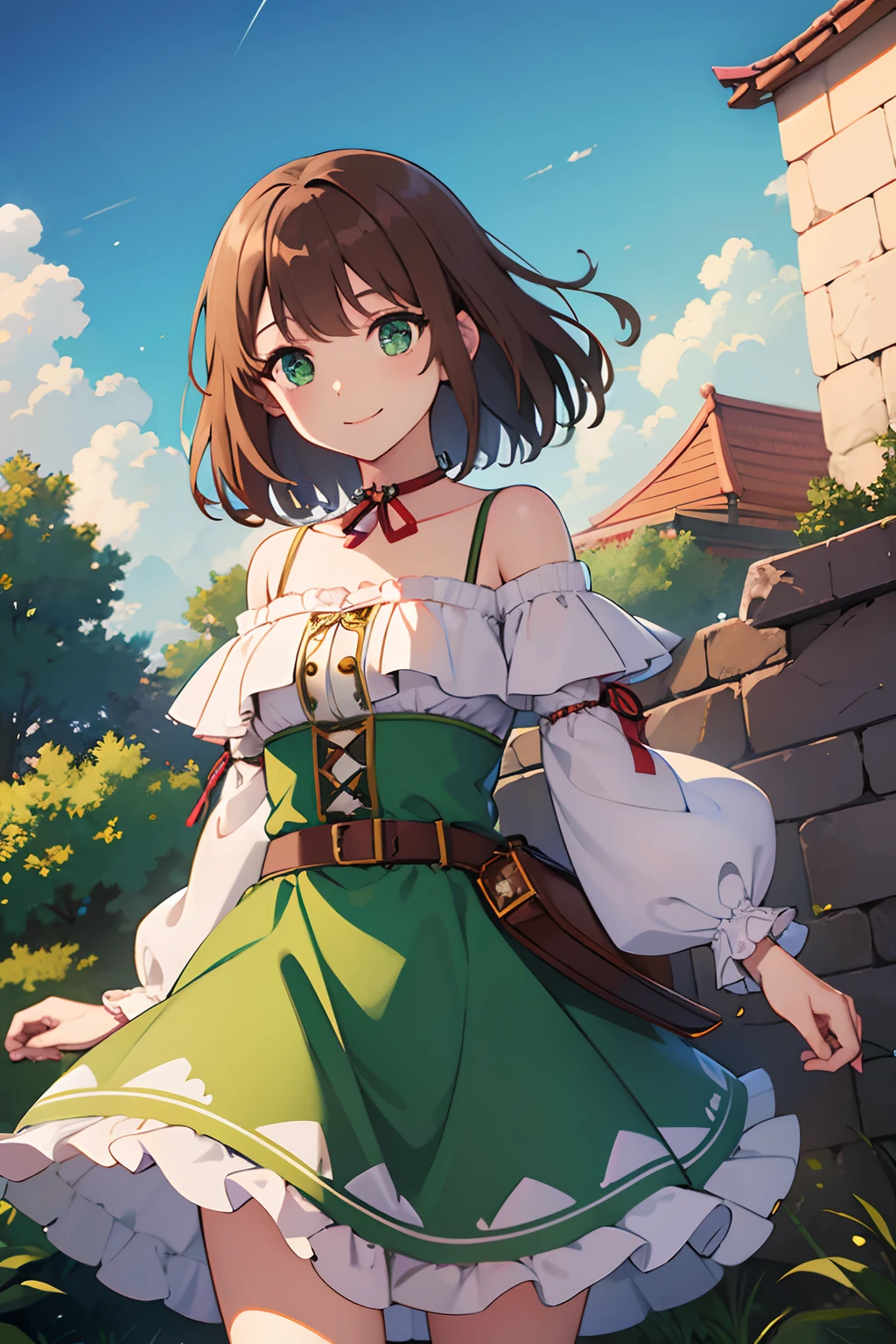 Sasanami Shoko, Valvrabe, 1 girl, Brown hair, Green eyes, Fantasy World, Ruins, Bang, Beautiful sky, shining sky, Sunshine, Smiling, Waving, Belt bag, wristbands, ribbon choker, Dresses that blow the wind, Lace dress, Long sleeves, Off-shoulder sleeve