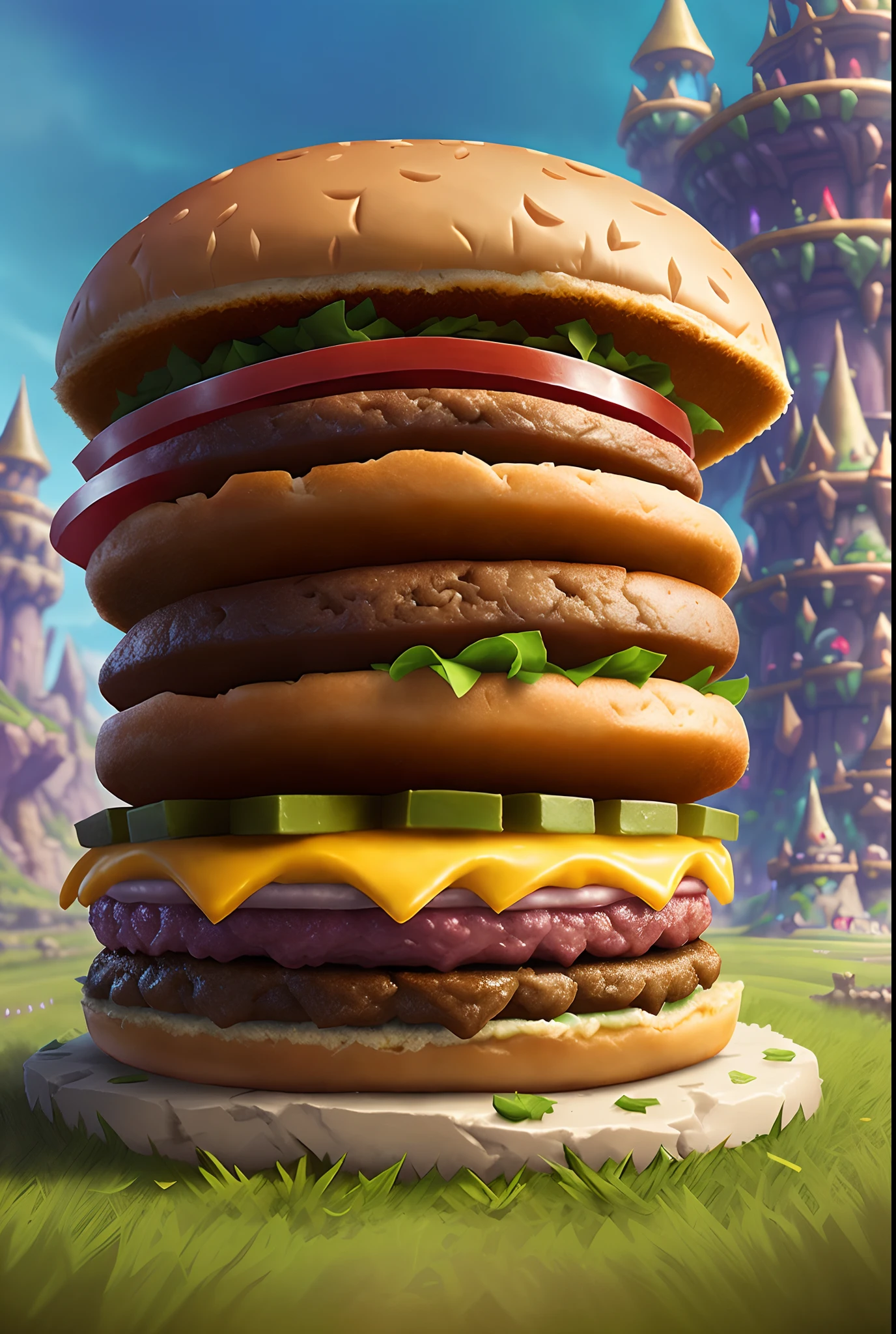 Close-up of giant hamburger on castle base, deathburger, Burger monster, Hearthstone card game artwork. ”, fantasy food, full art, hearthstone card artwork, Fantasy Hearthstone art style, shadowverse style, Hearthstone card art, dan munford. concept-art, high detailed official artwork, concept art magical highlight, epic fantasty card game art