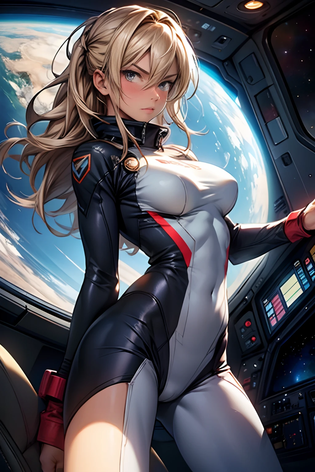 sandy hair muscular large breasts slender thighs slender waist pilot suit solo looking at viewer in space long hair blushing determination