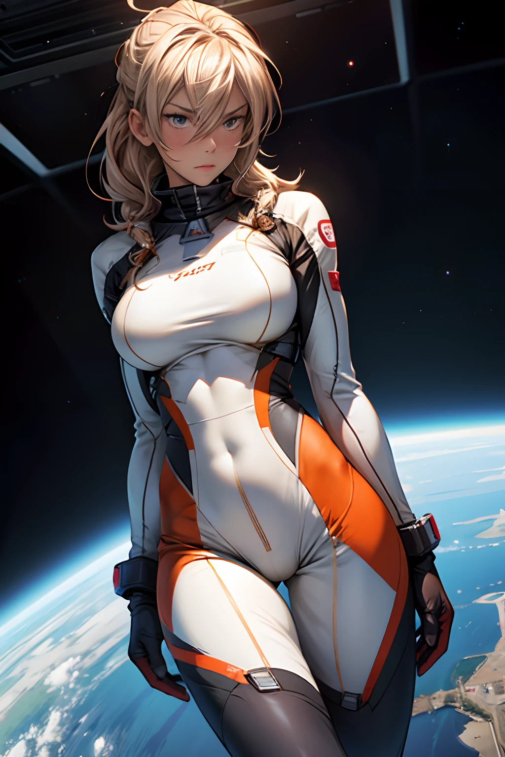 sandy hair muscular large breasts slender thighs slender waist pilot suit solo looking at viewer in space long hair blushing determination