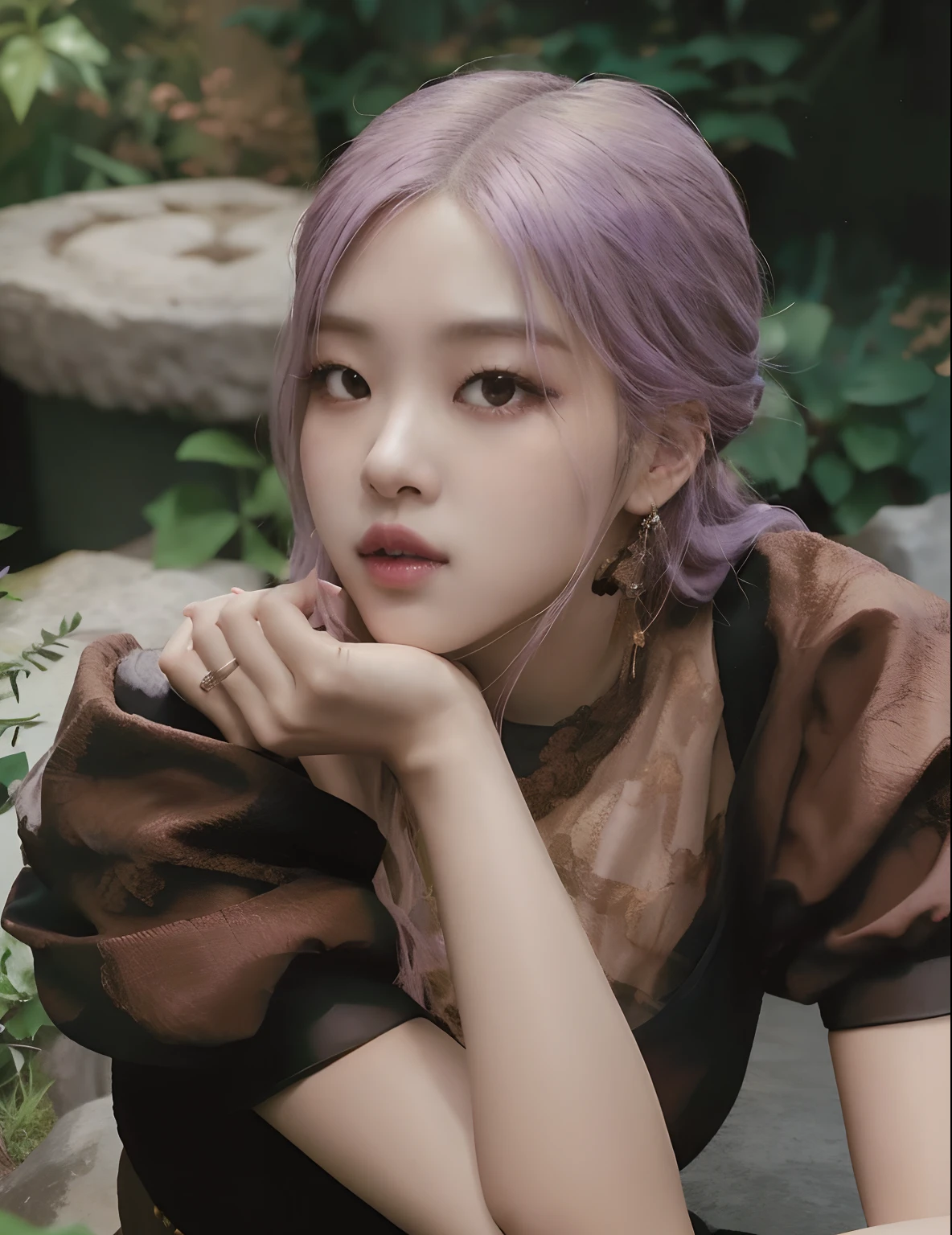 Asian woman with purple hair and a brown dress, Retrato de Jossi de Blackpink, Parque Roseanne de Blackpink, Jinyoung Shin, Jossi de Blackpink, portrait of female Korean idol, Retrato Jisoo Blackpink, Heonhwa Choe, Jaeyeon Nam, Sakimichan, Sun Yunjoo, Retrato de Kpop Idol, JIA, Taejune Kim, Bae Suzy