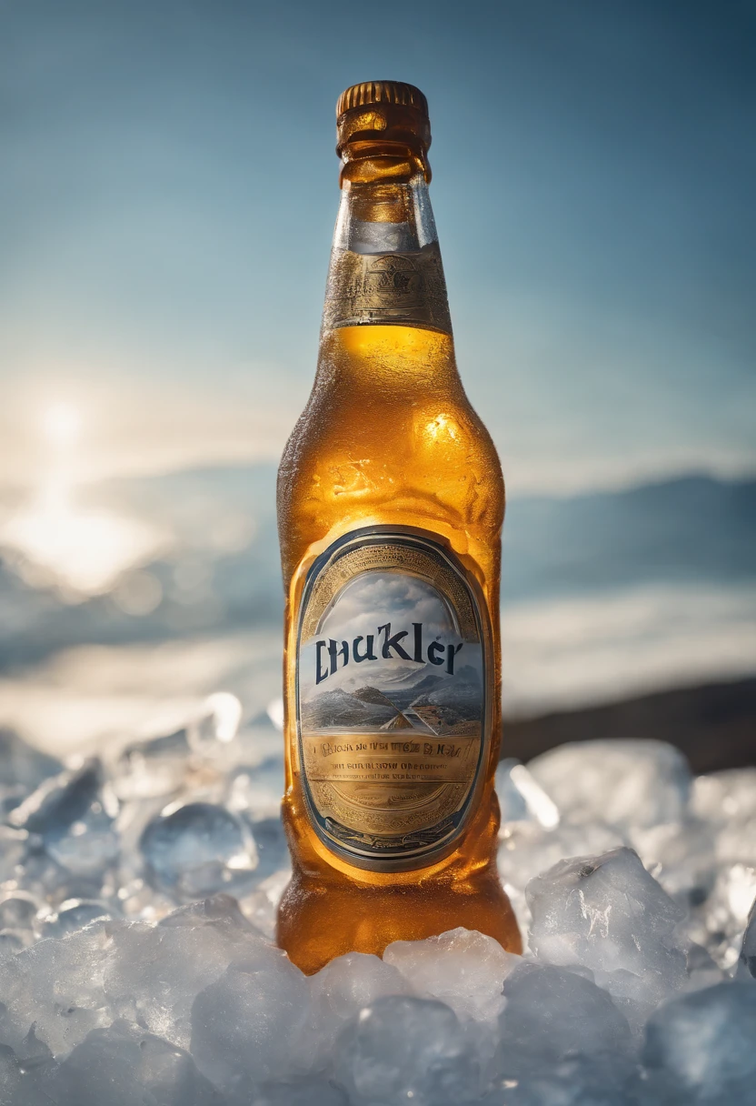 Close-up of a bottle of beer on a pile of ice, Realistic paintings inspired by Xiao Yuncong, shutter inventory, conceptual art, made of drink, Sparkling water, Refreshing, cold drink, jia, drink, best on adobe stock, realistic water, cinematic flavor, energy drink, Product photography 4 K, hot summer sun, lei jin, lei min