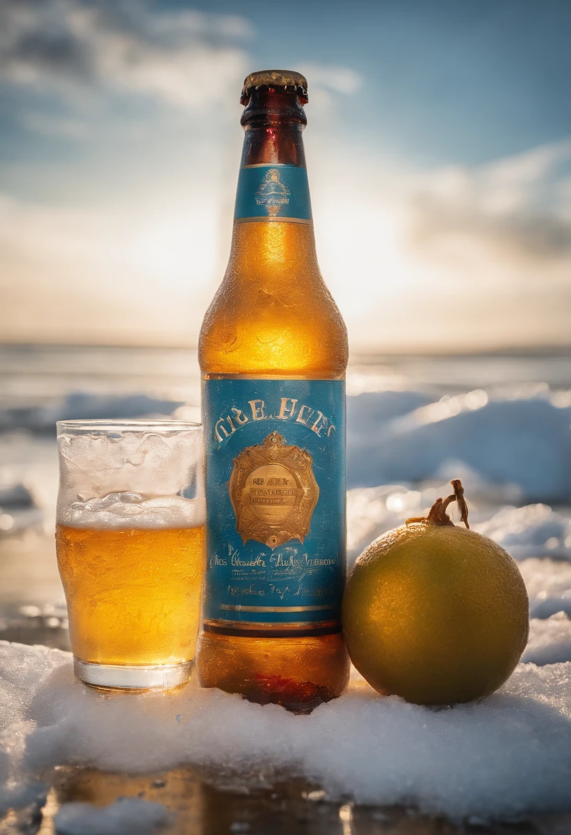 Close-up of a bottle of beer on a pile of ice, Realistic paintings inspired by Xiao Yuncong, shutter inventory, conceptual art, made of drink, Sparkling water, Refreshing, cold drink, jia, drink, best on adobe stock, realistic water, cinematic flavor, energy drink, Product photography 4 K, hot summer sun, lei jin, lei min