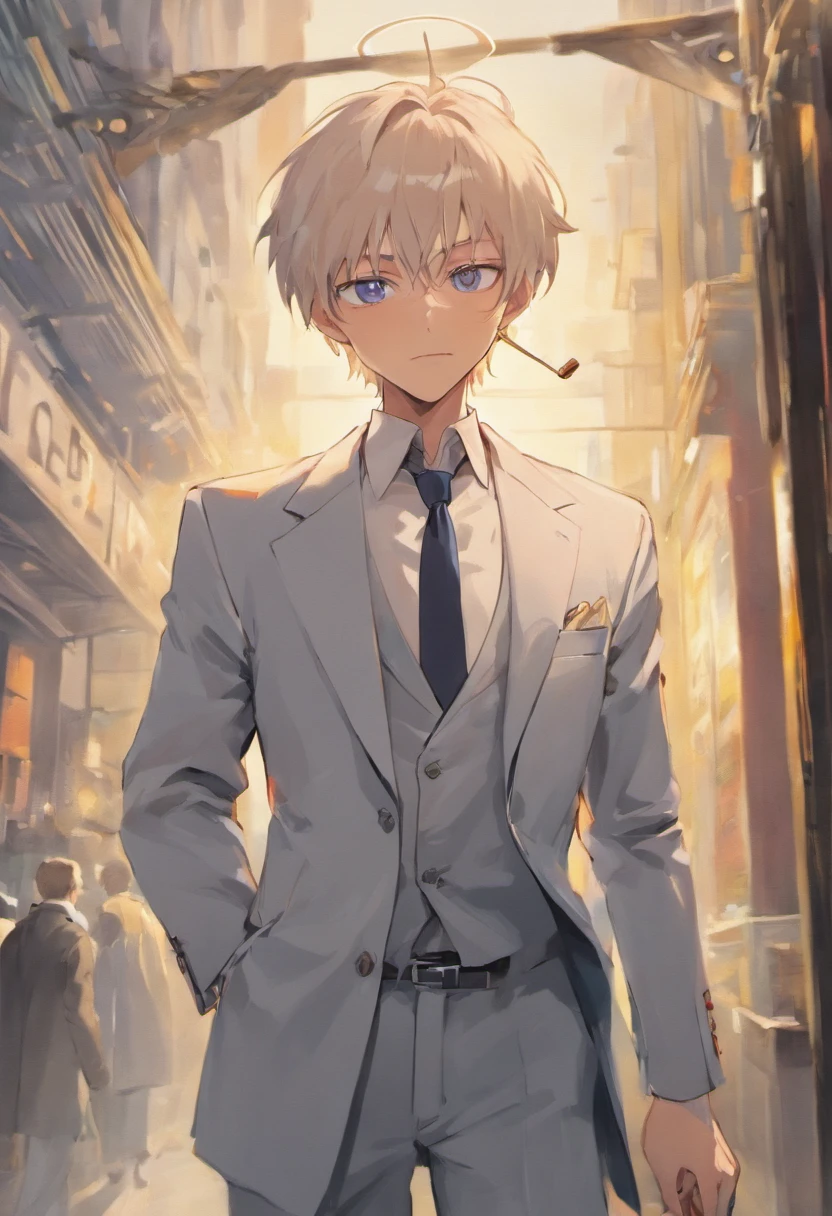 old man，Handsome，white business suit，holding an cane。