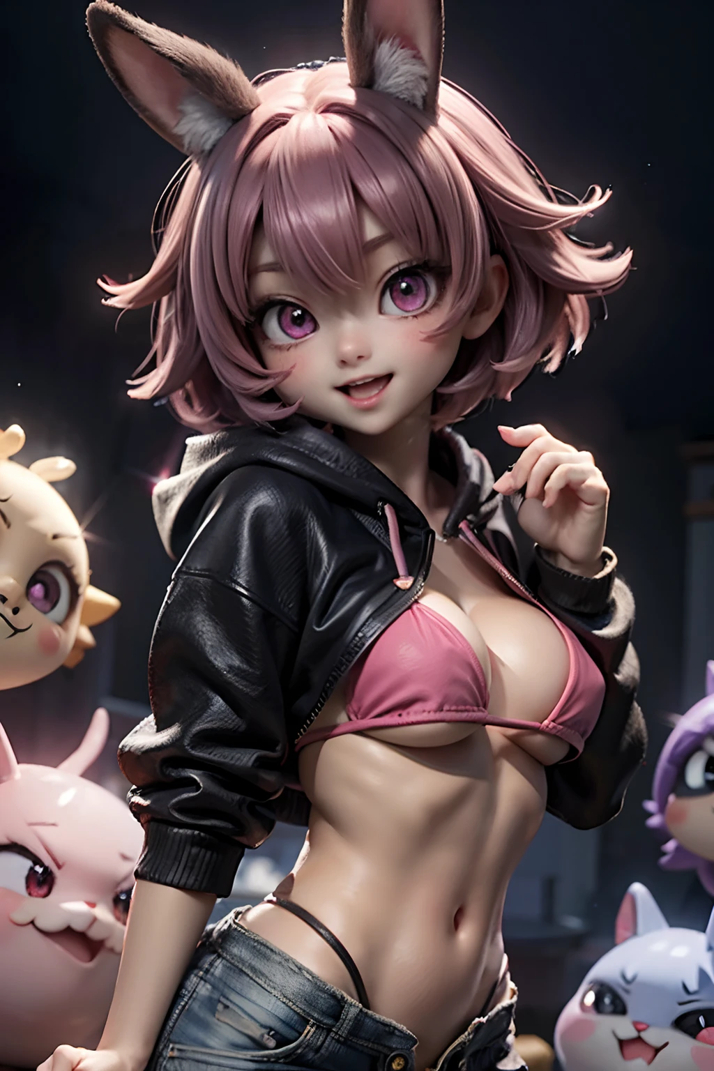 top-quality、masterpiece、hight resolution、。.3D、from side, Rabbit Girl、、kawaii、Baby face、The uppf the body、Round and cute eyes、big eye、a purple eye、Smile with open mouth、teak、Colossal tits、thin waist、short-hair、Pink hair、Red inner color hair、Grabbing his chest with his hands、Halter neck bikini、Worn hoodie、micromini skirt、