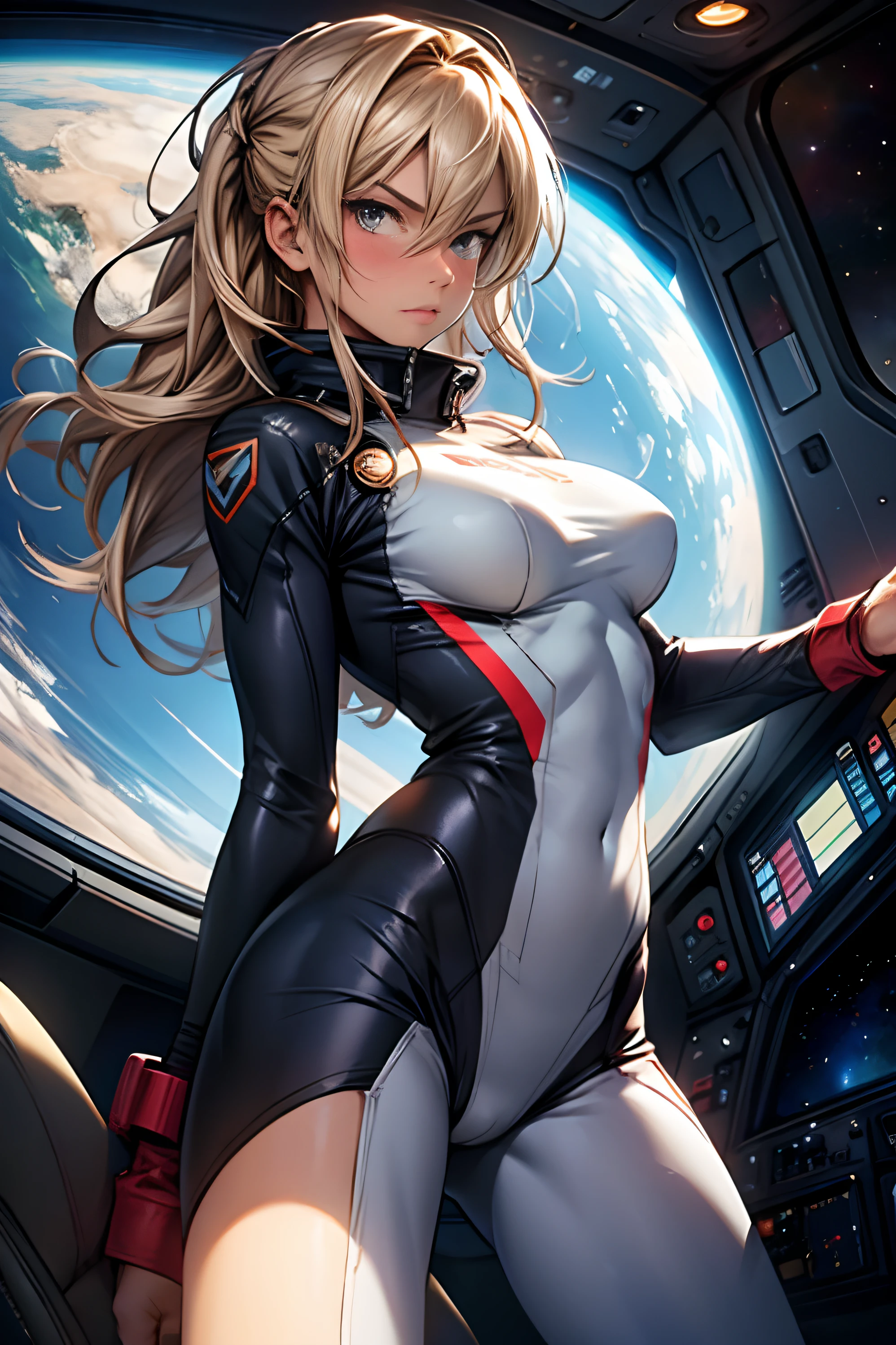 sandy hair muscular large breasts slender thighs slender waist pilot suit solo looking at viewer in space long hair blushing determination